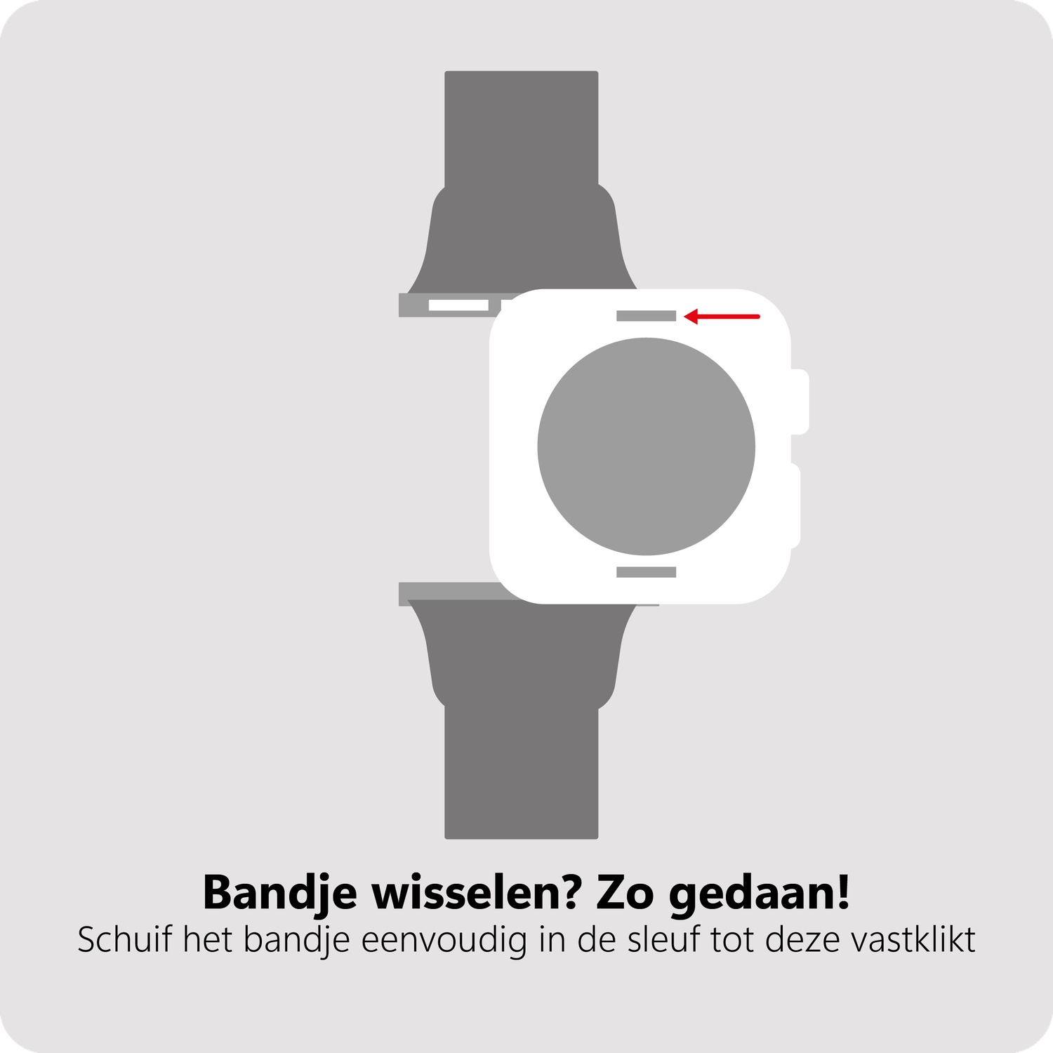 Grijze horlogeband-adapter schuift in een witte smartwatch.