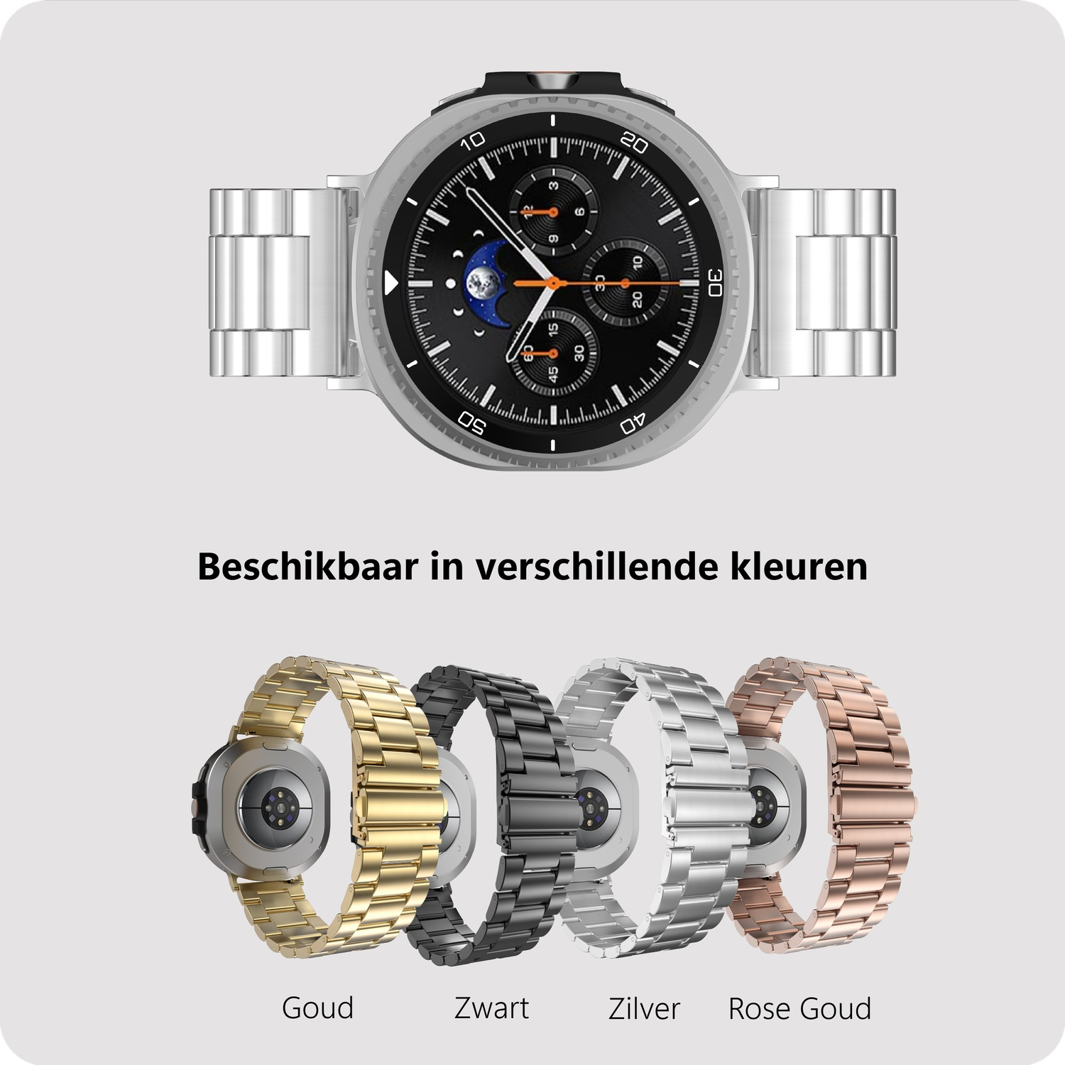 Een smartwatch met zilveren band en zwart wijzerplaat, plus banden in goud, zwart, zilver, roségoud.