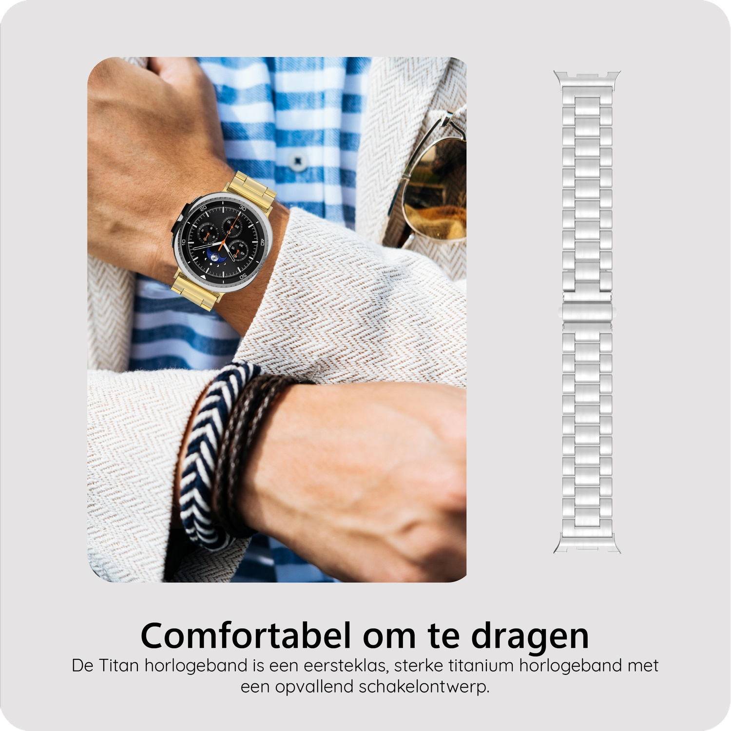 Gouden horloge met zwart wijzerplaat en band. Zilveren band ernaast.