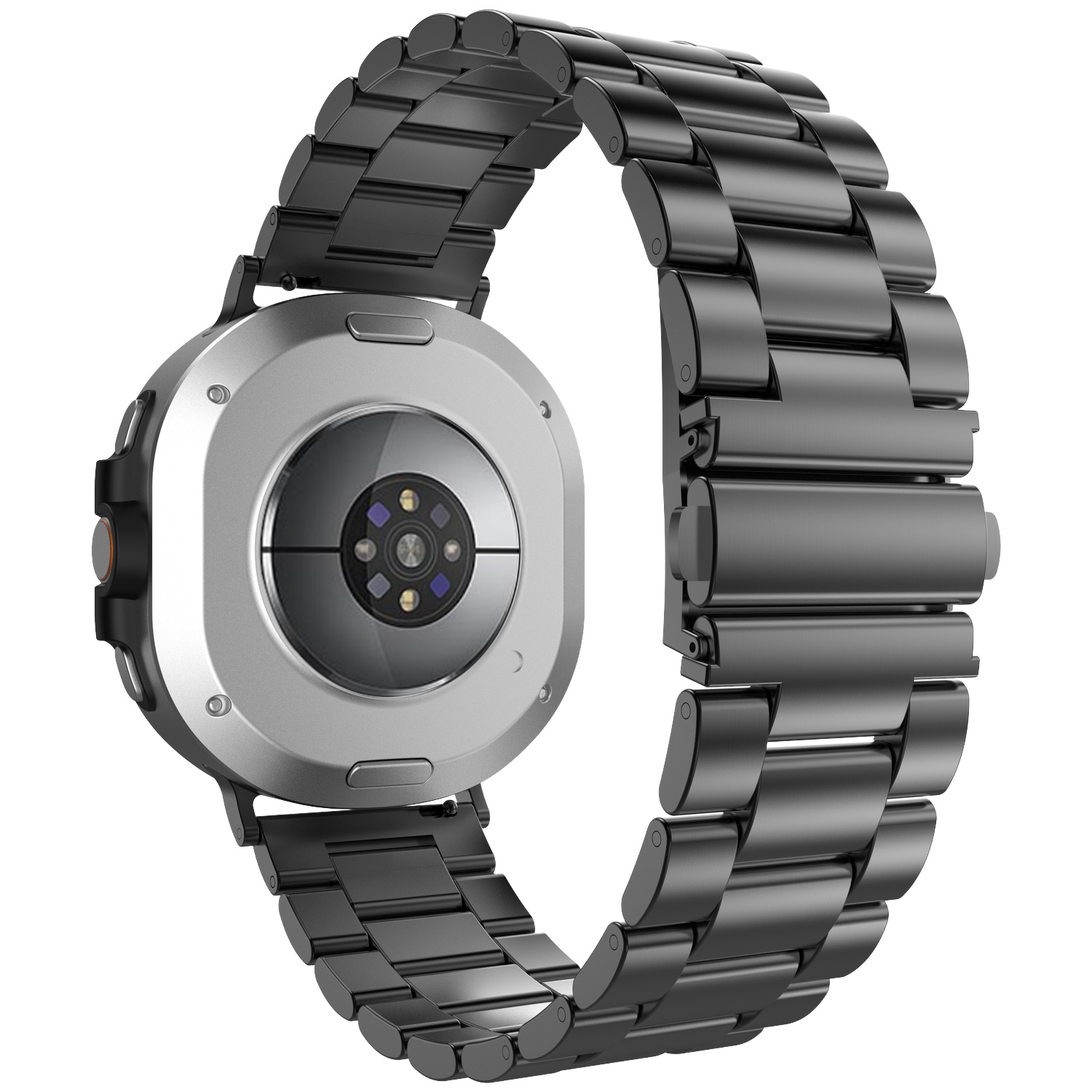 Achterkant van een zilveren smartwatch met zwarte metalen band. Sensoren zichtbaar.