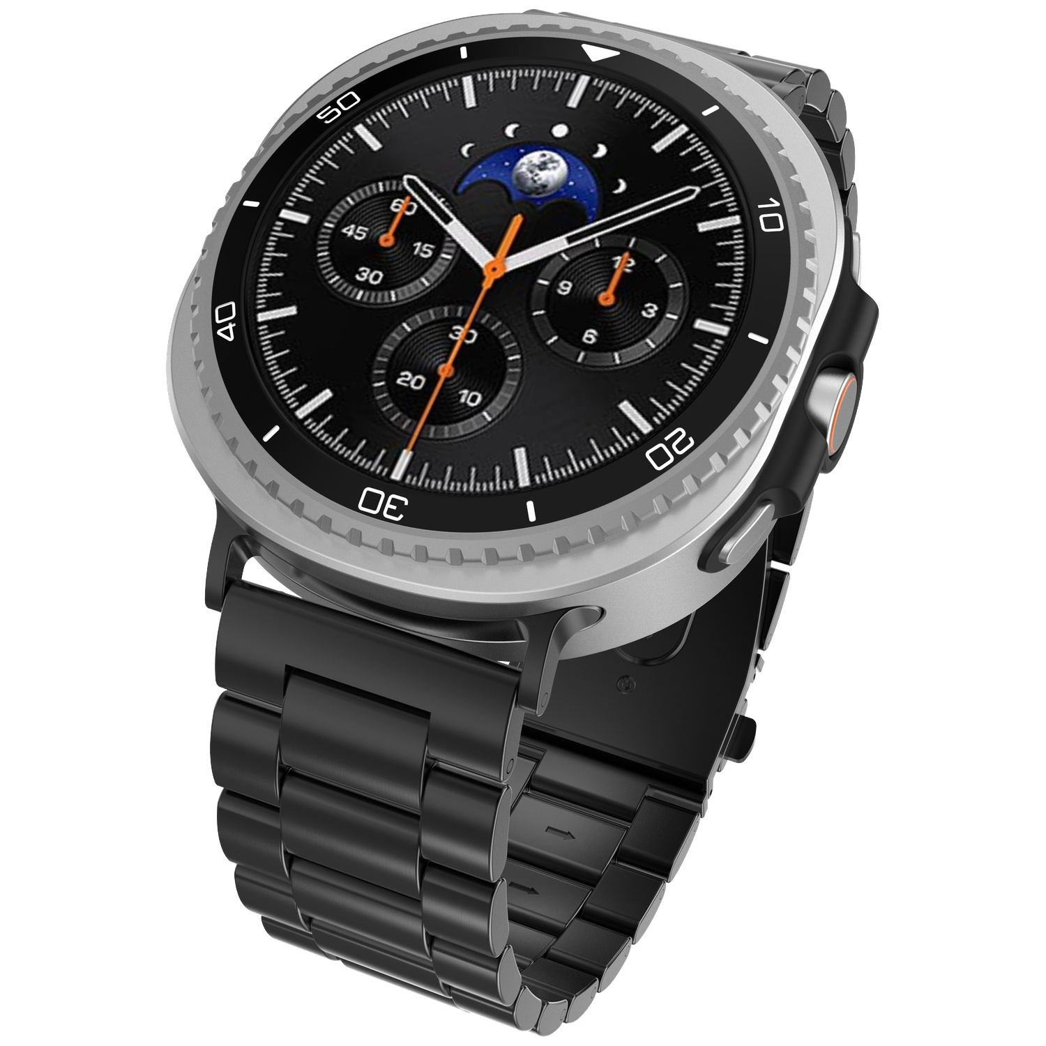 Een zilverkleurig en zwart smartwatch met een zwarte metalen band, met maanfasenwijzerplaat.
