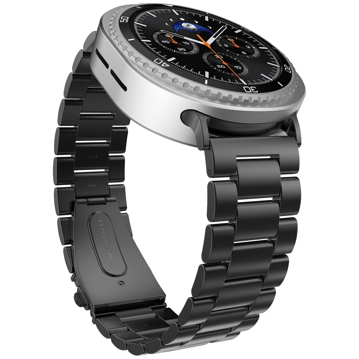 Zilveren smartwatch met zwarte metalen band en zwart wijzerplaat.