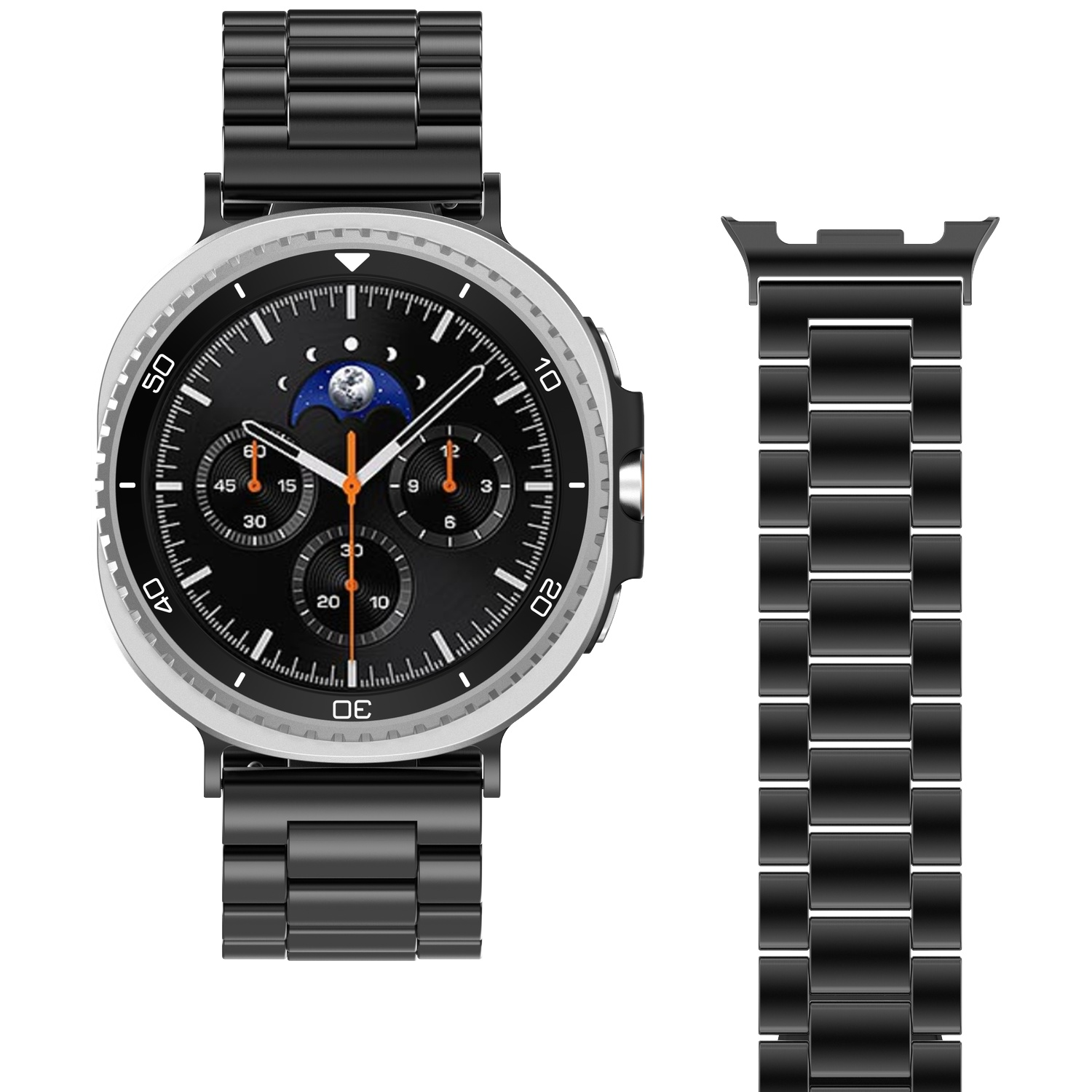 Zwarte metalen horlogeband naast een smartwatch met zilveren ring en maanfase-indicator.