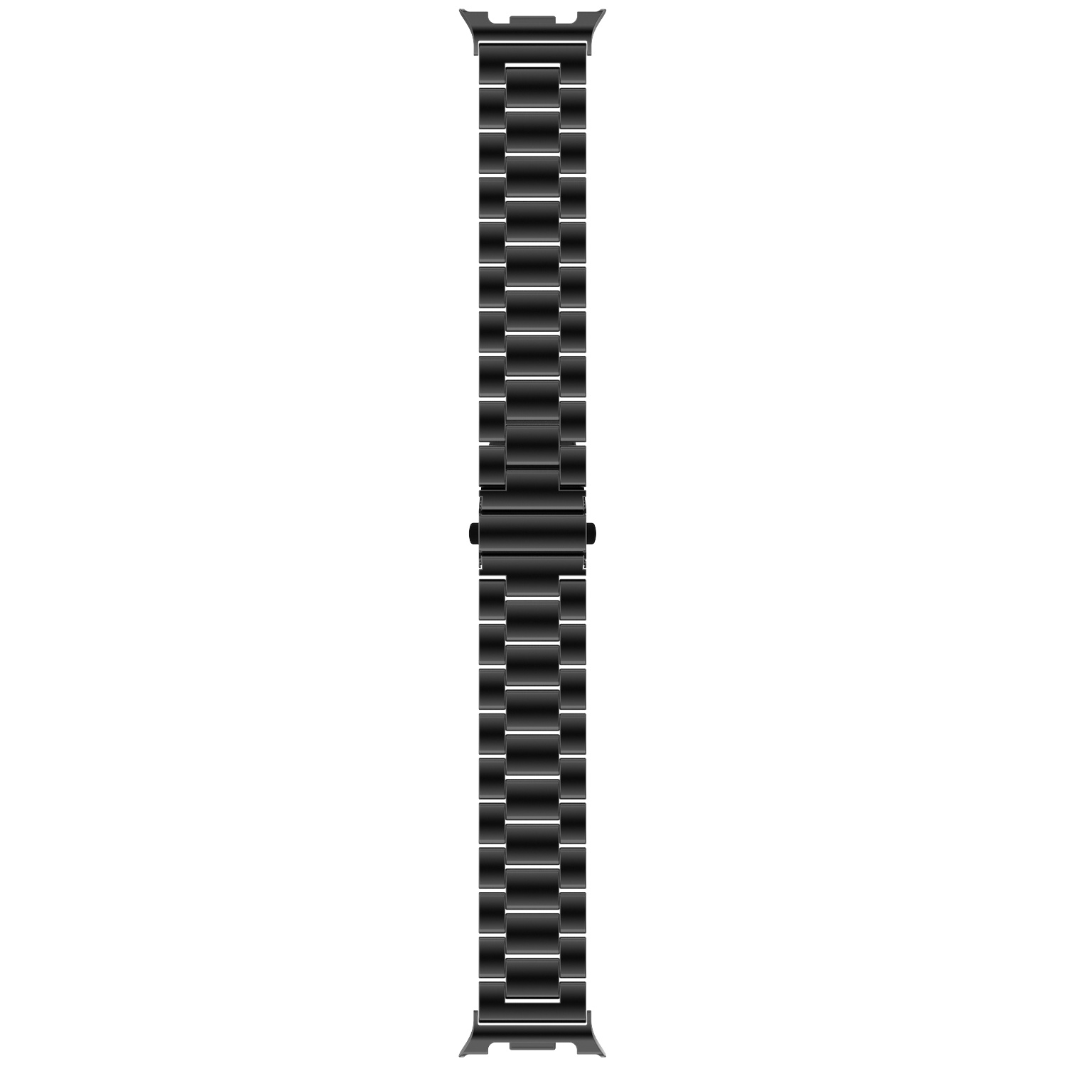 Een zwarte metalen schakelband voor een smartwatch op een witte achtergrond.