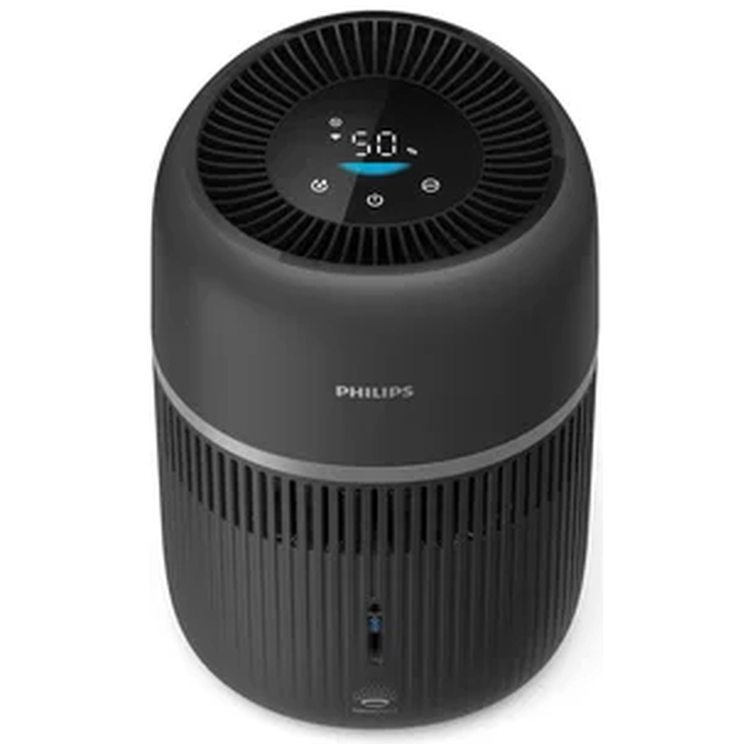 A black Philips air purifier with a digital display and ventilation slits.