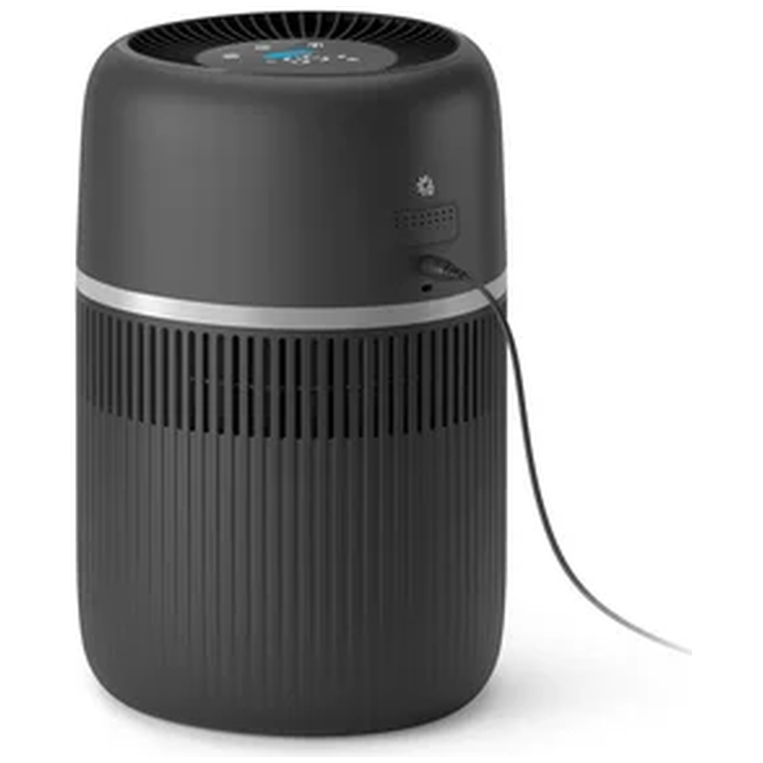 A compact, dark air purifier with a silver band and blue display.