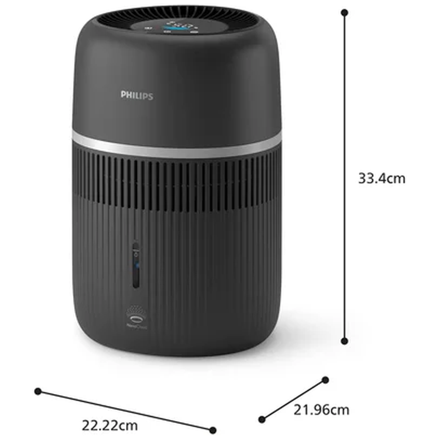 A black Philips air purifier with digital displays and dimensions shown.