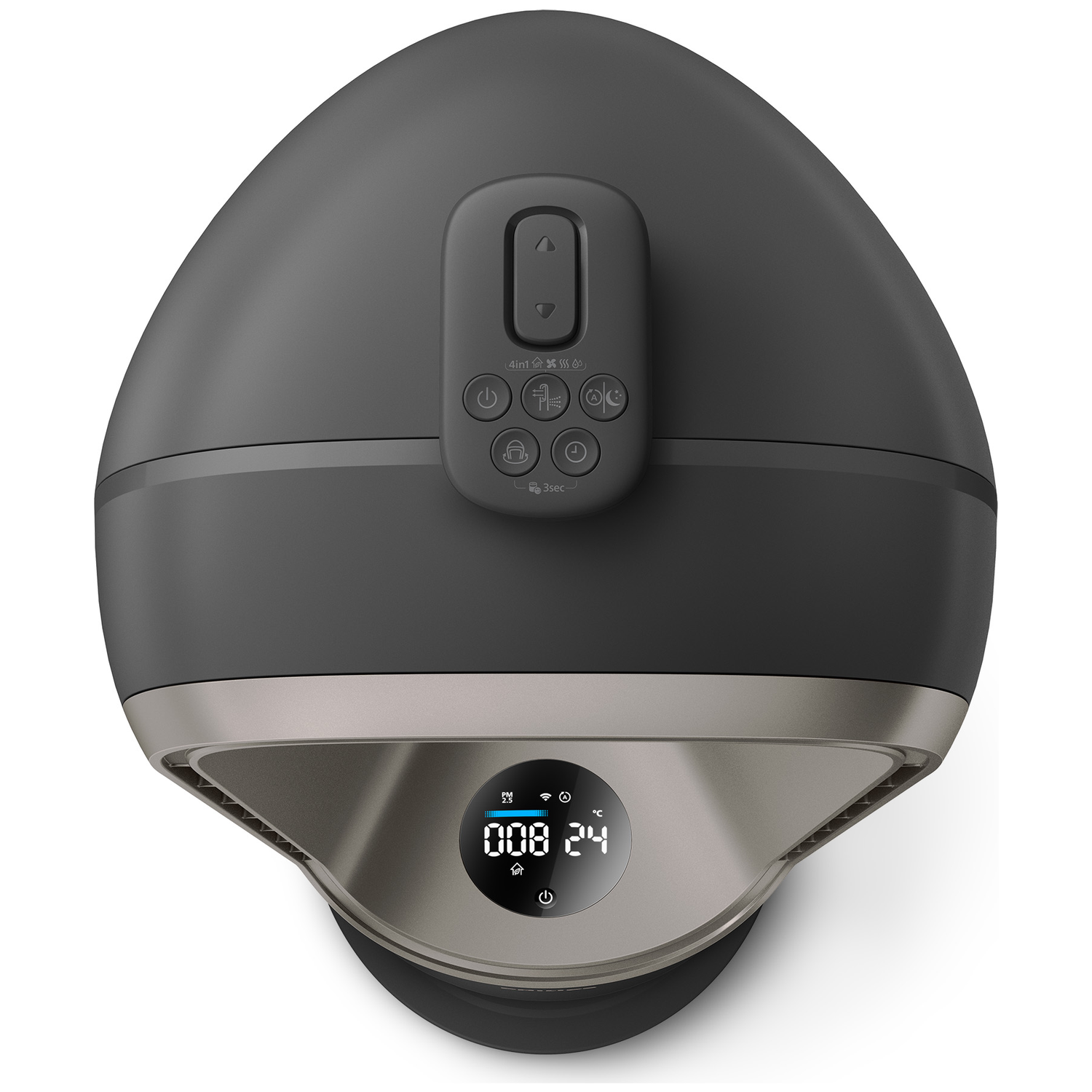 Dark gray device with control panel and digital display. PM2.5 value 008.