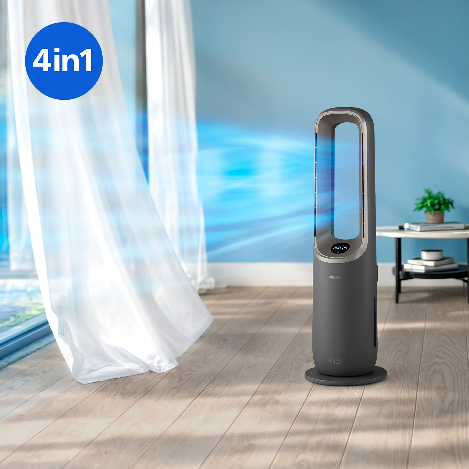A dark tower fan with blue airflow in front of white curtains.