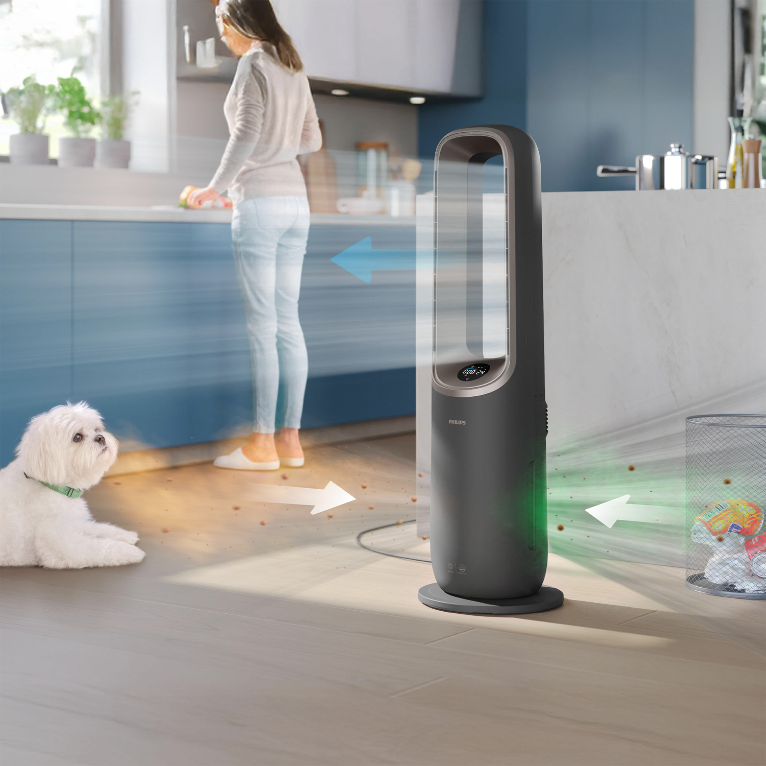 An air purifier cleans the air in a kitchen while a dog watches.