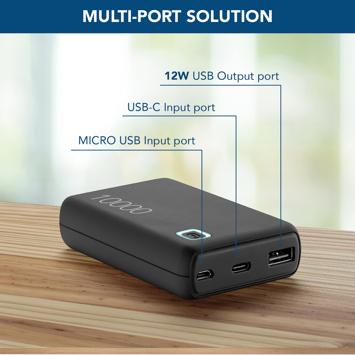 Power bank nero da 10000 con tre porte.