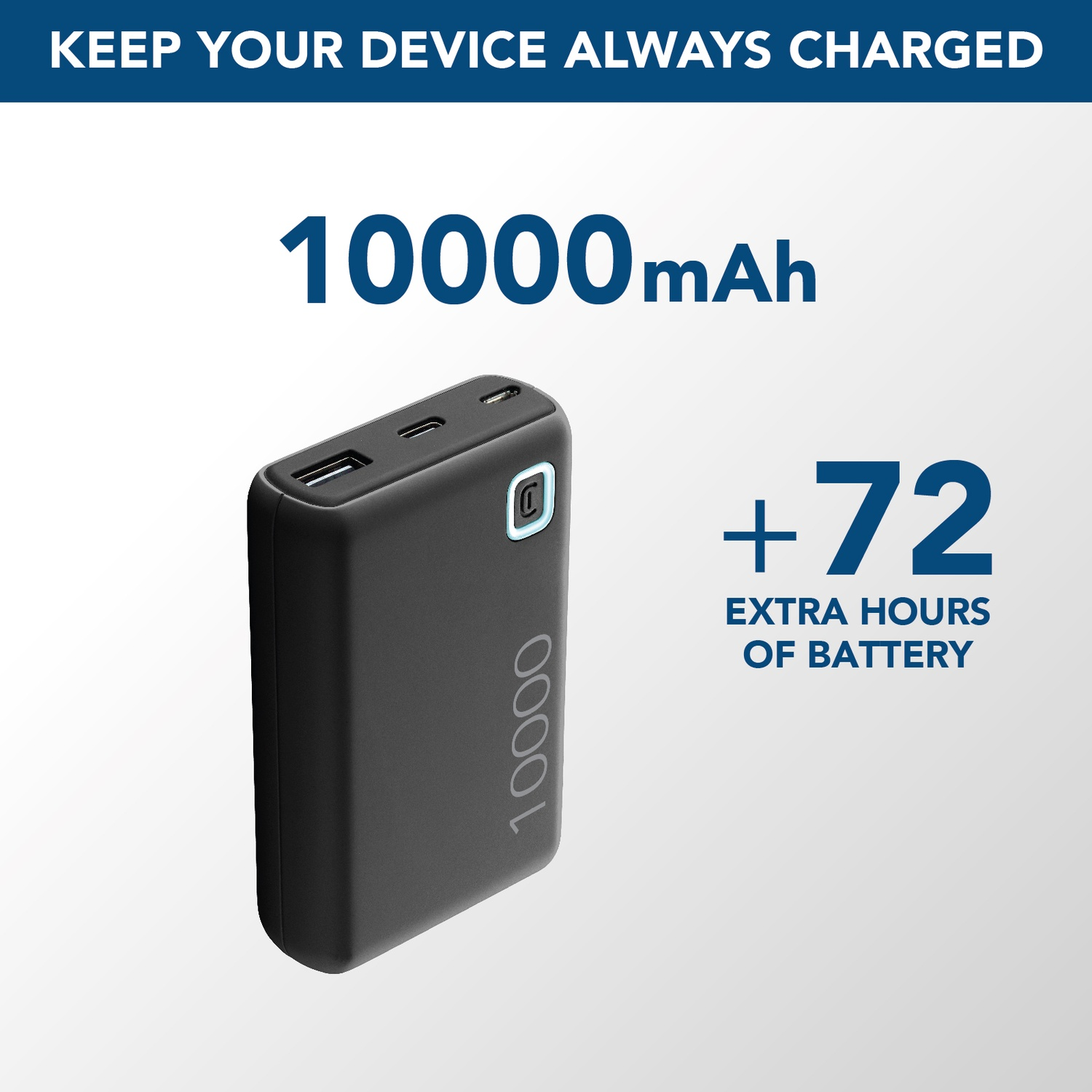 Power bank nero da 10000mAh con +72 ore di batteria extra.