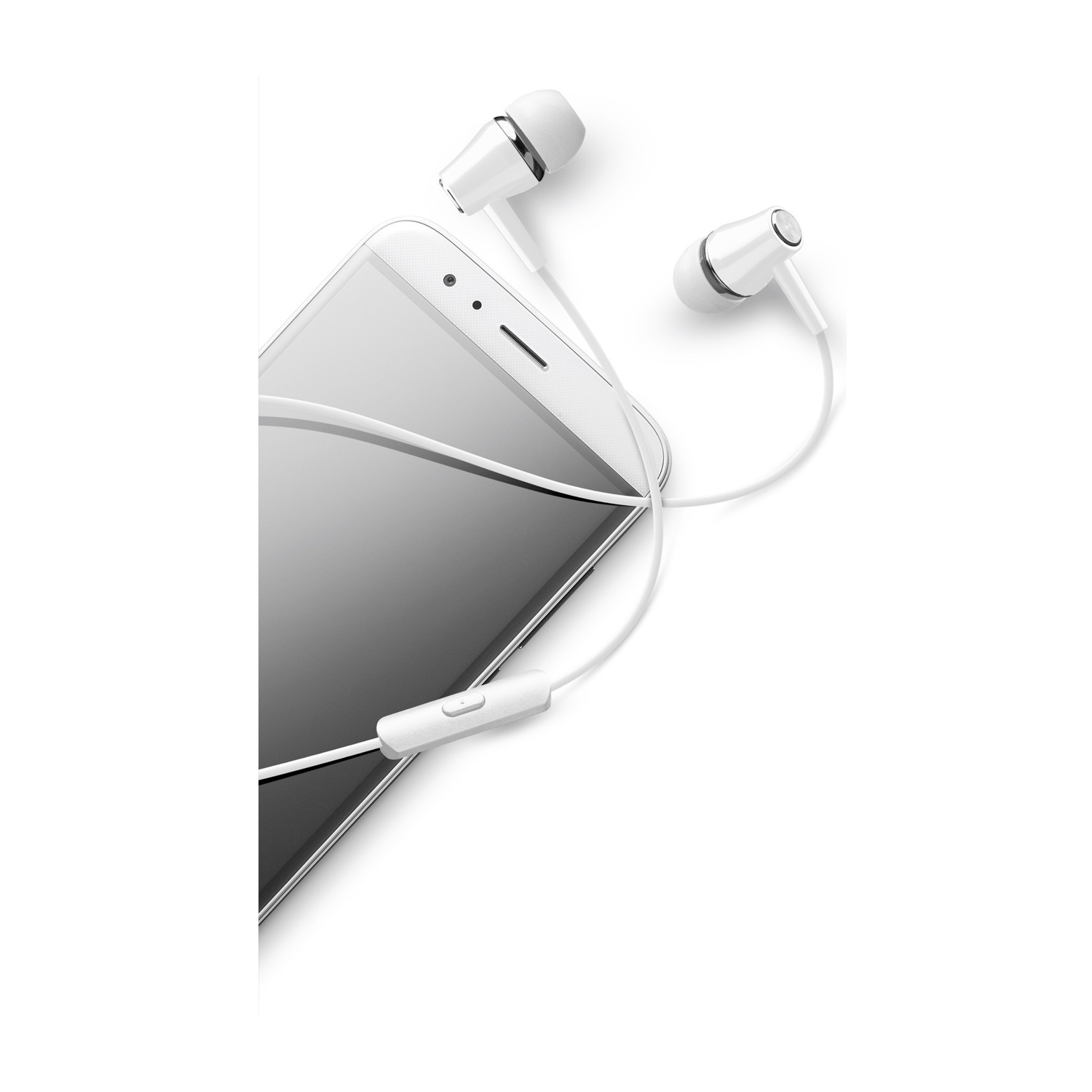 Auricolari bianchi con microfono su uno smartphone bianco.