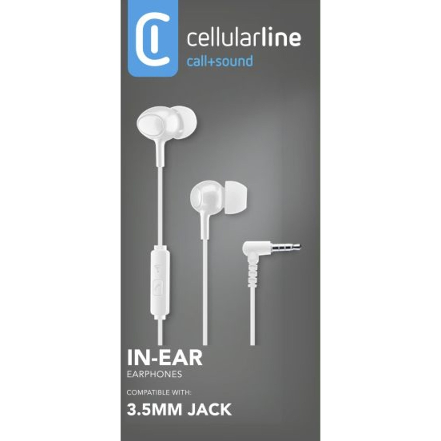 Auricolari in-ear bianchi con jack da 3,5 mm e logo del marchio.
