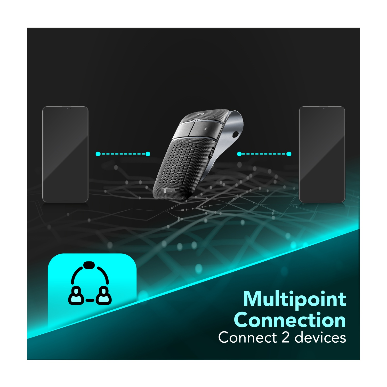 Un dispositivo audio nero collega due smartphone con linee tratteggiate.