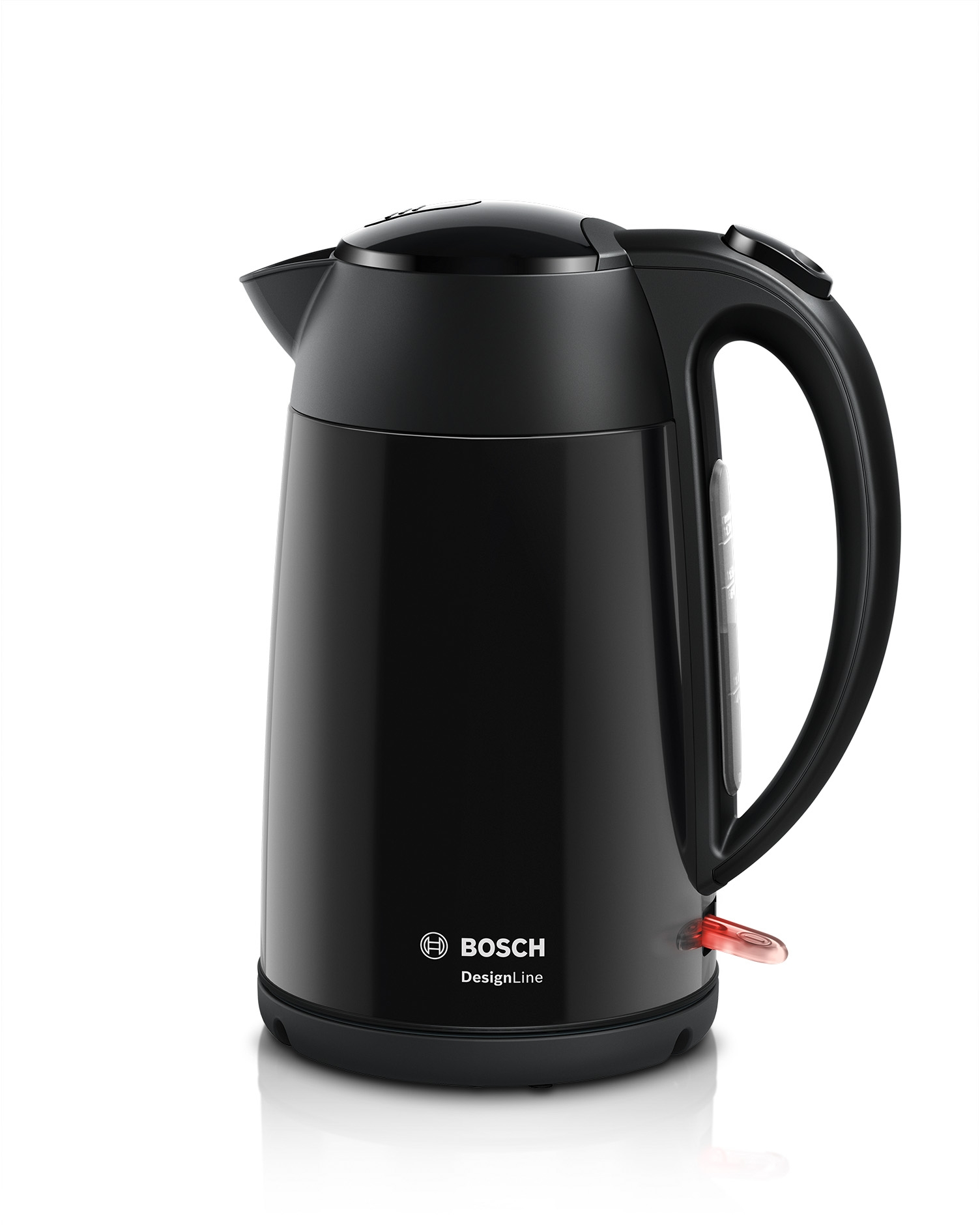 Czajnik elektryczny czarny z logo Bosch i czerwonym włącznikiem.