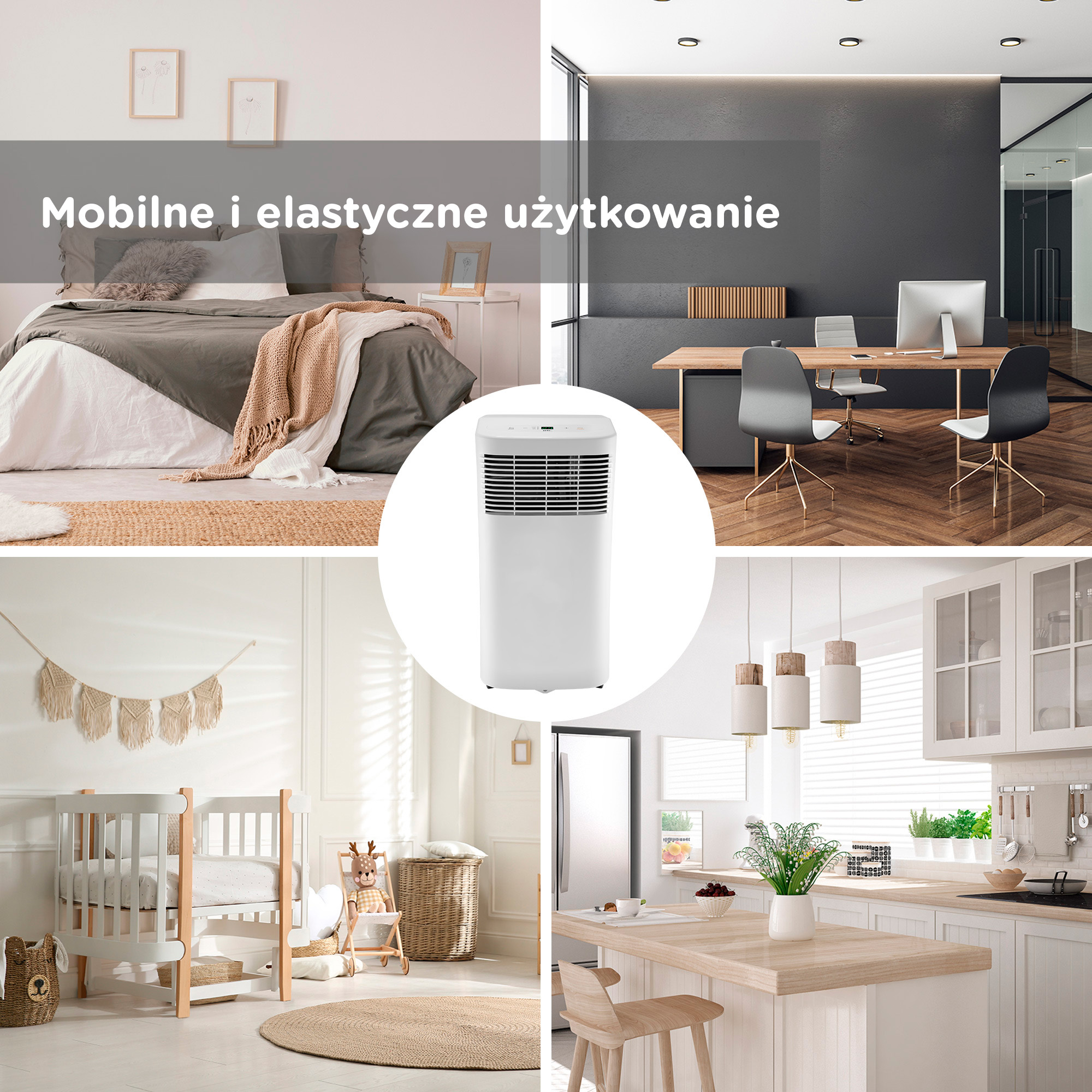 Kolaż przedstawia sypialnię, biuro, pokój dziecięcy i kuchnię z klimatyzatorem.