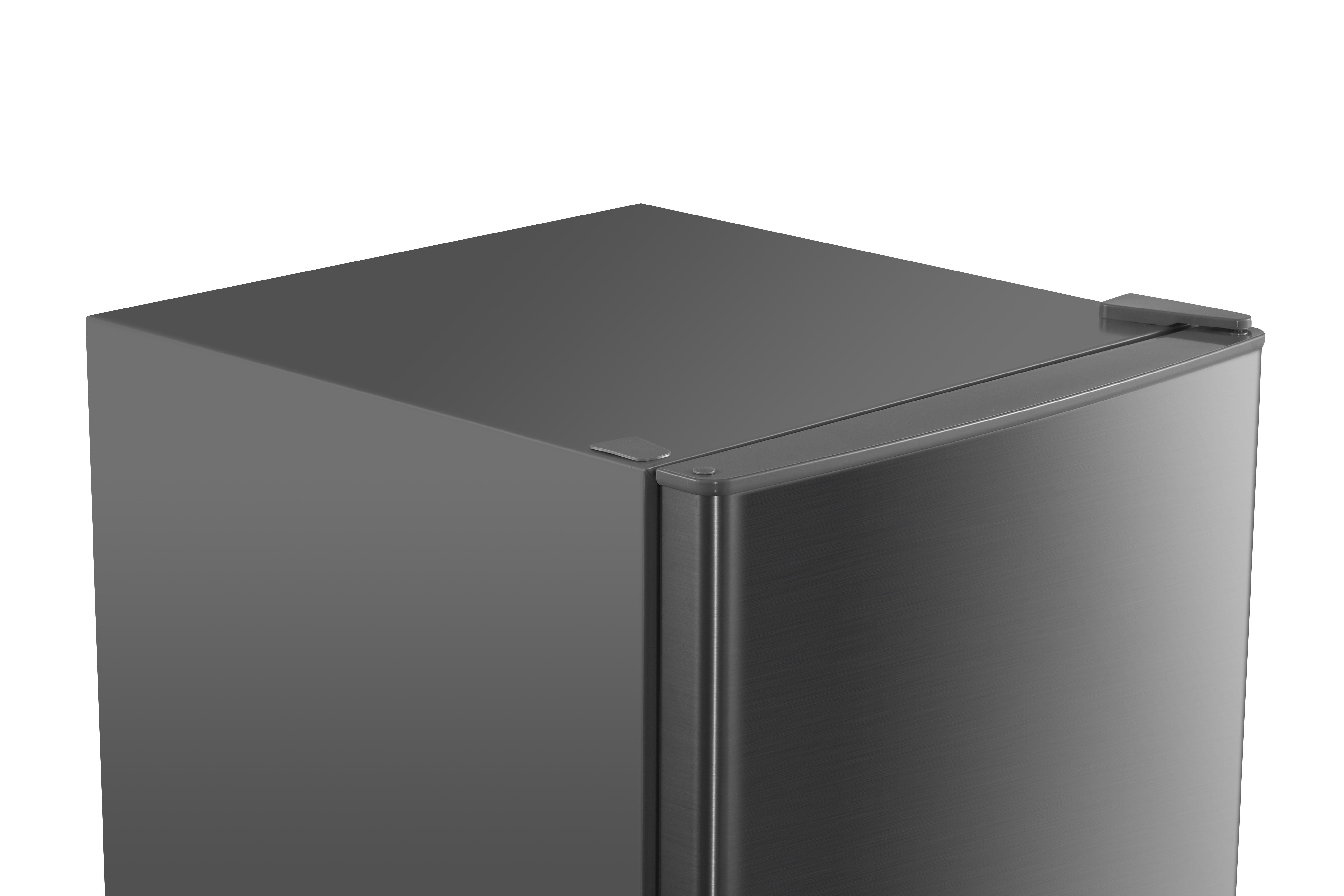 Szara góra lodówki z srebrnymi akcentami i uchwytem.