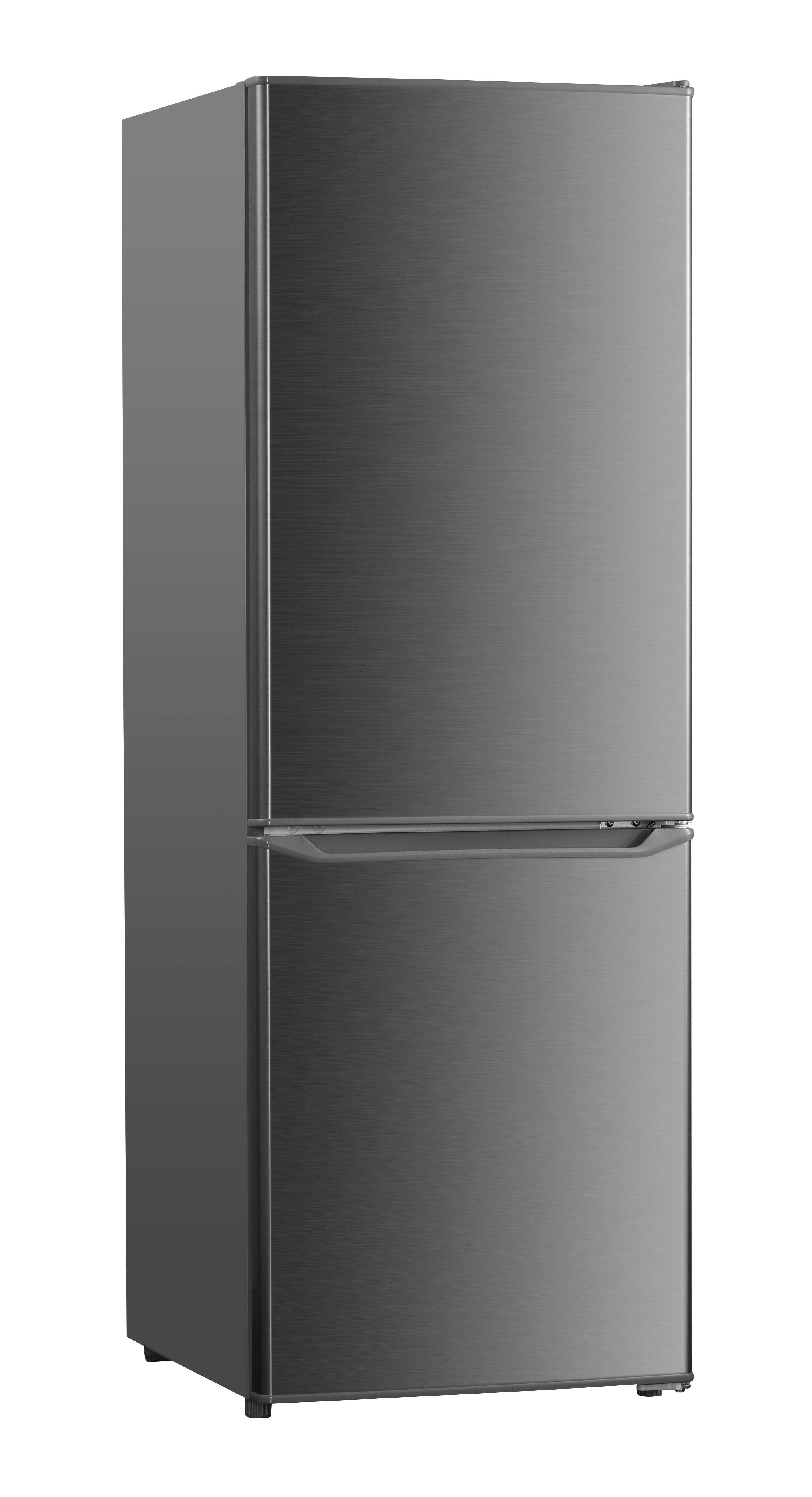 Smukła, szara lodówka dwudrzwiowa z srebrnym uchwytem.