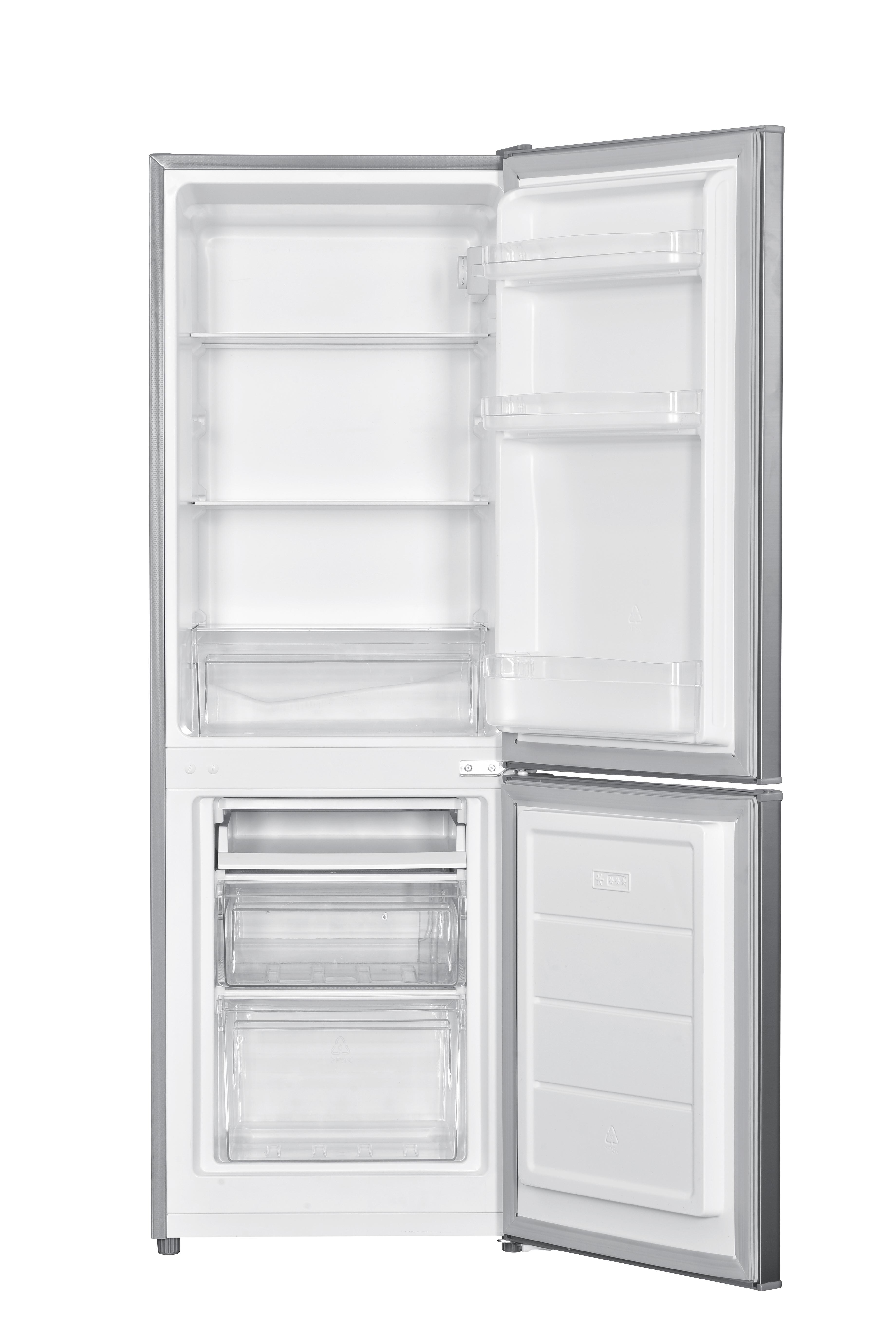 Pusta srebrna lodówka z otwartymi drzwiami, widoczne białe półki i szuflady.