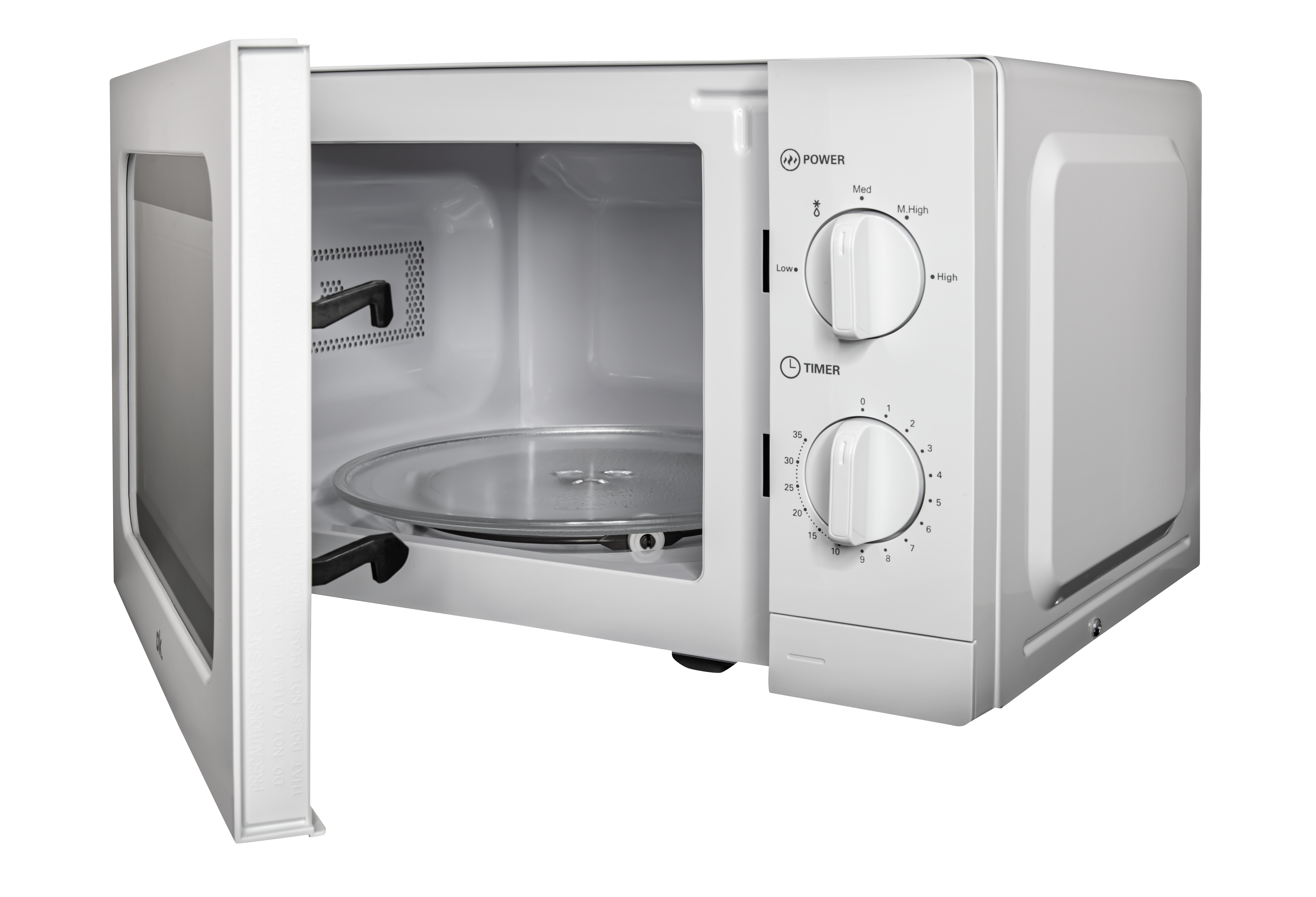 Biała kuchenka mikrofalowa z otwartymi drzwiami, szklanym talerzem obrotowym i dwoma pokrętłami.