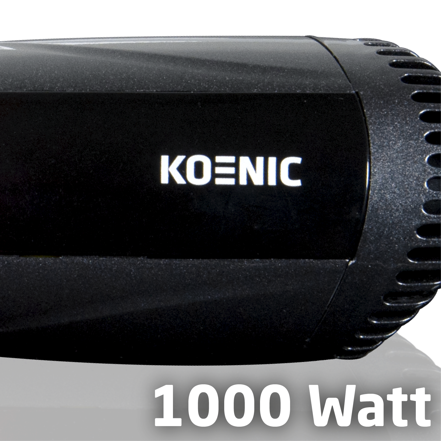 Czarna suszarka do włosów z logo KOENIC i mocą 1000 watów.