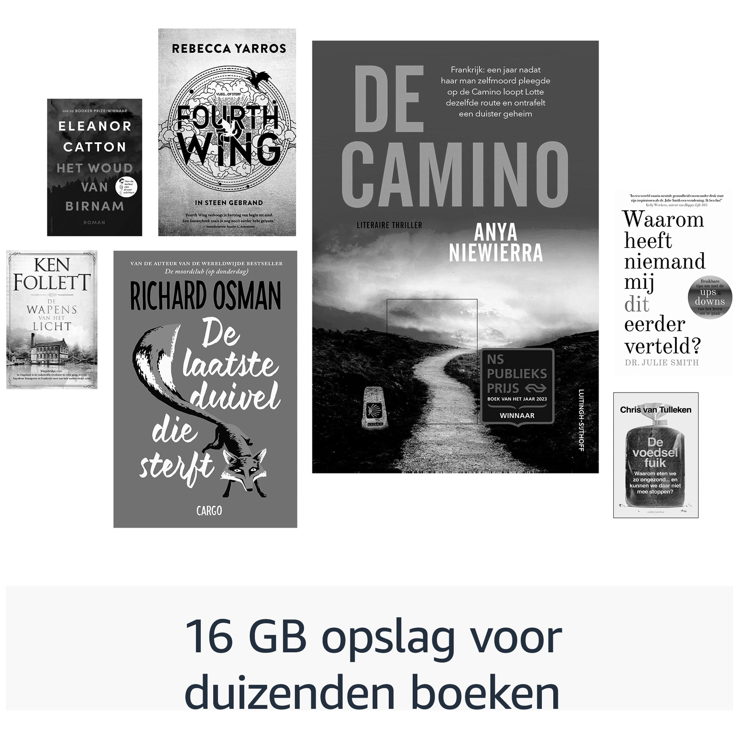 Book covers: Eleanor Catton, Rebecca Yarros, Anya Niewierra, Ken Follett, Richard Osman, Chris van Tulleken.