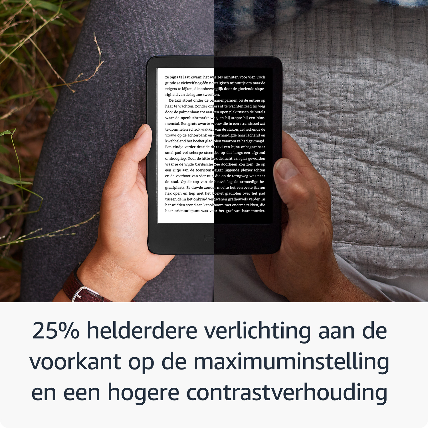 A hand holds an e-reader. Text below discusses lighting.