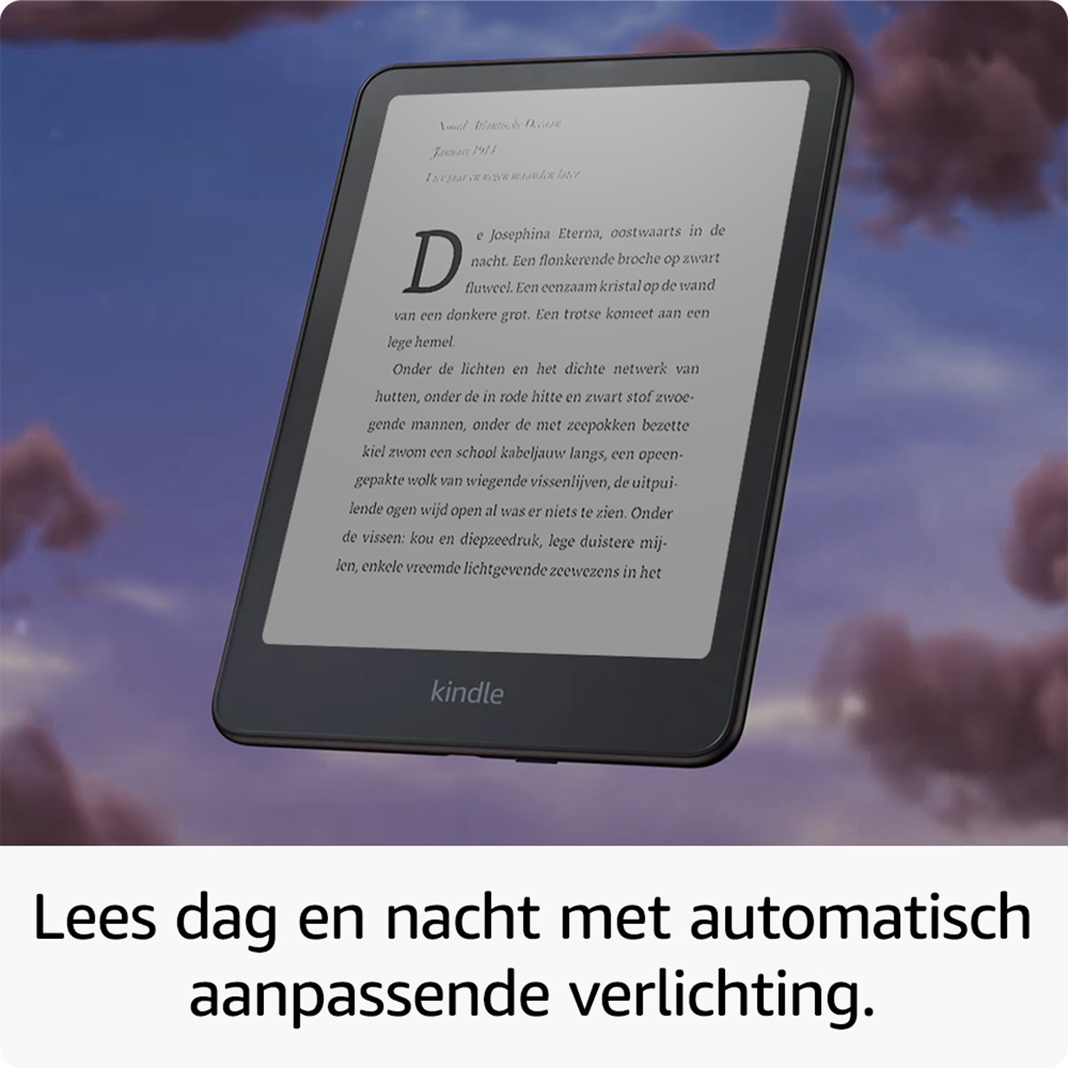 A Kindle e-reader displays text against a dramatic sky background.