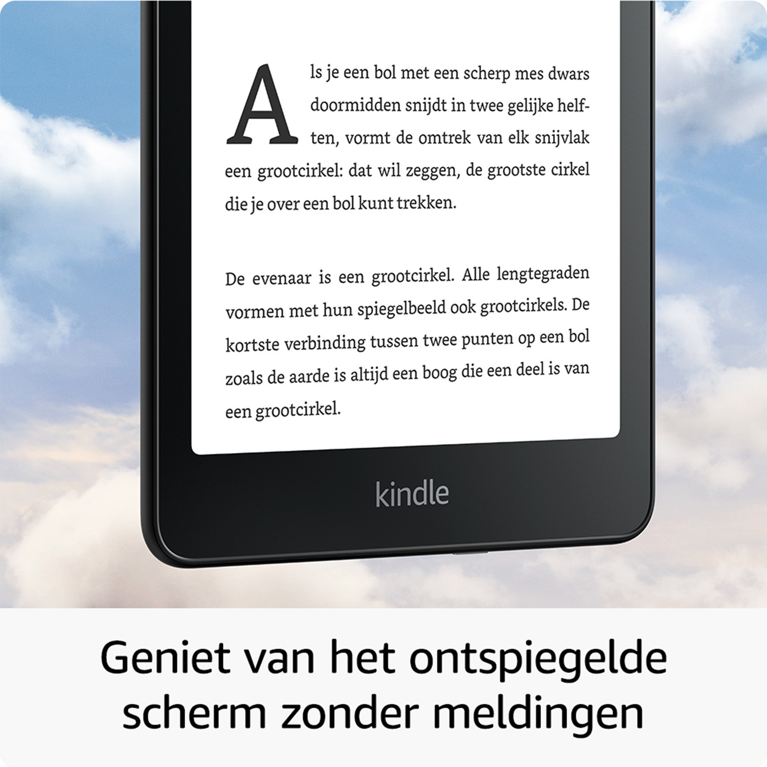 A Kindle e-reader displaying text, with clouds in the background sky.