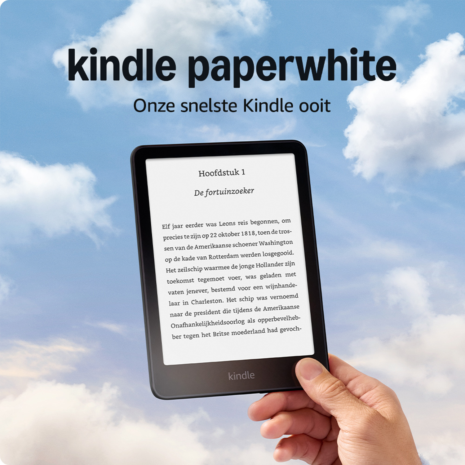 A hand holds a Kindle Paperwhite with a book on screen, against a blue sky.
