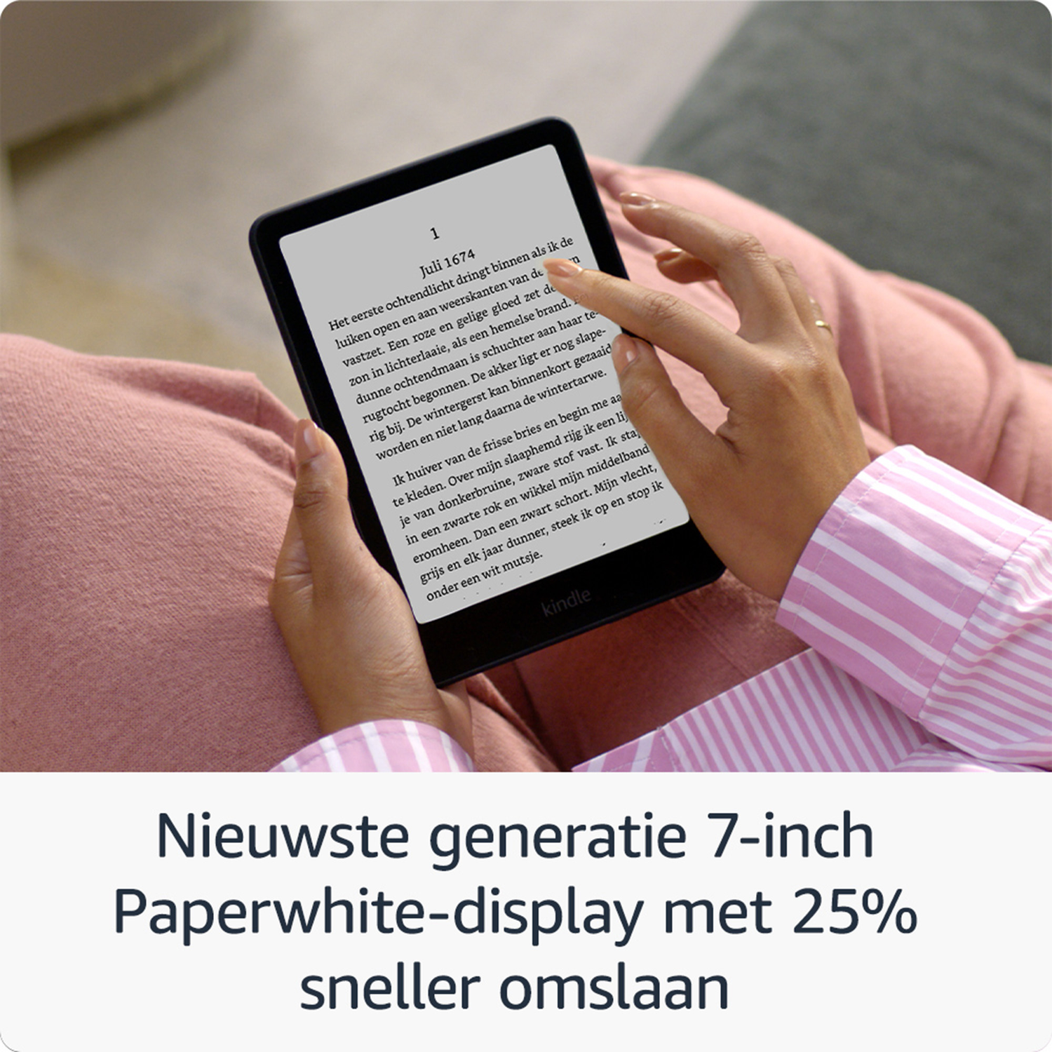 A hand holds an e-reader displaying text. Below, it reads "Newest generation 7-inch Paperwhite-display".