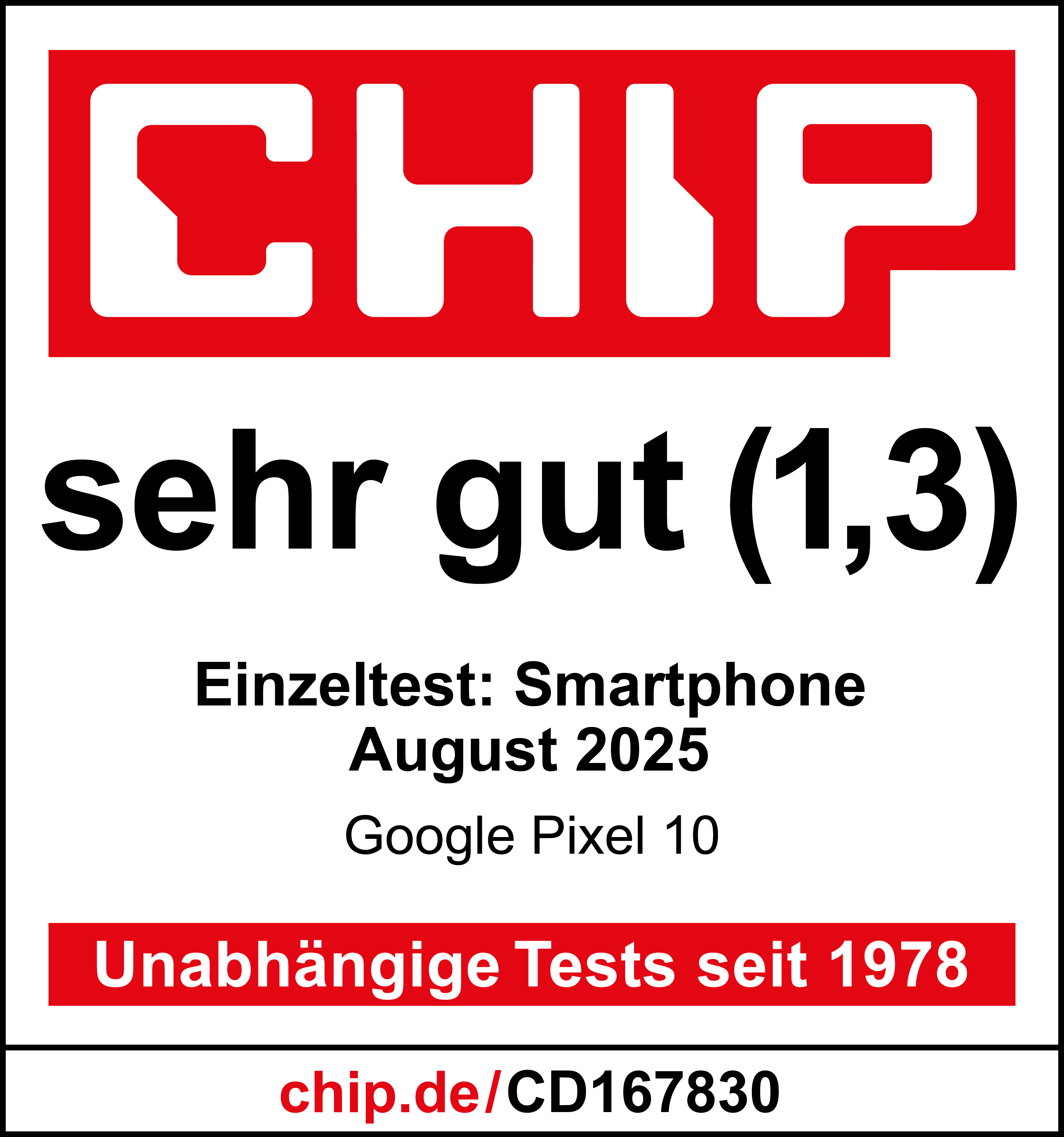 CHIP-Logo, "sehr gut (1,3)", "Einzeltest: Smartphone August 2025", "Google Pixel 10".
