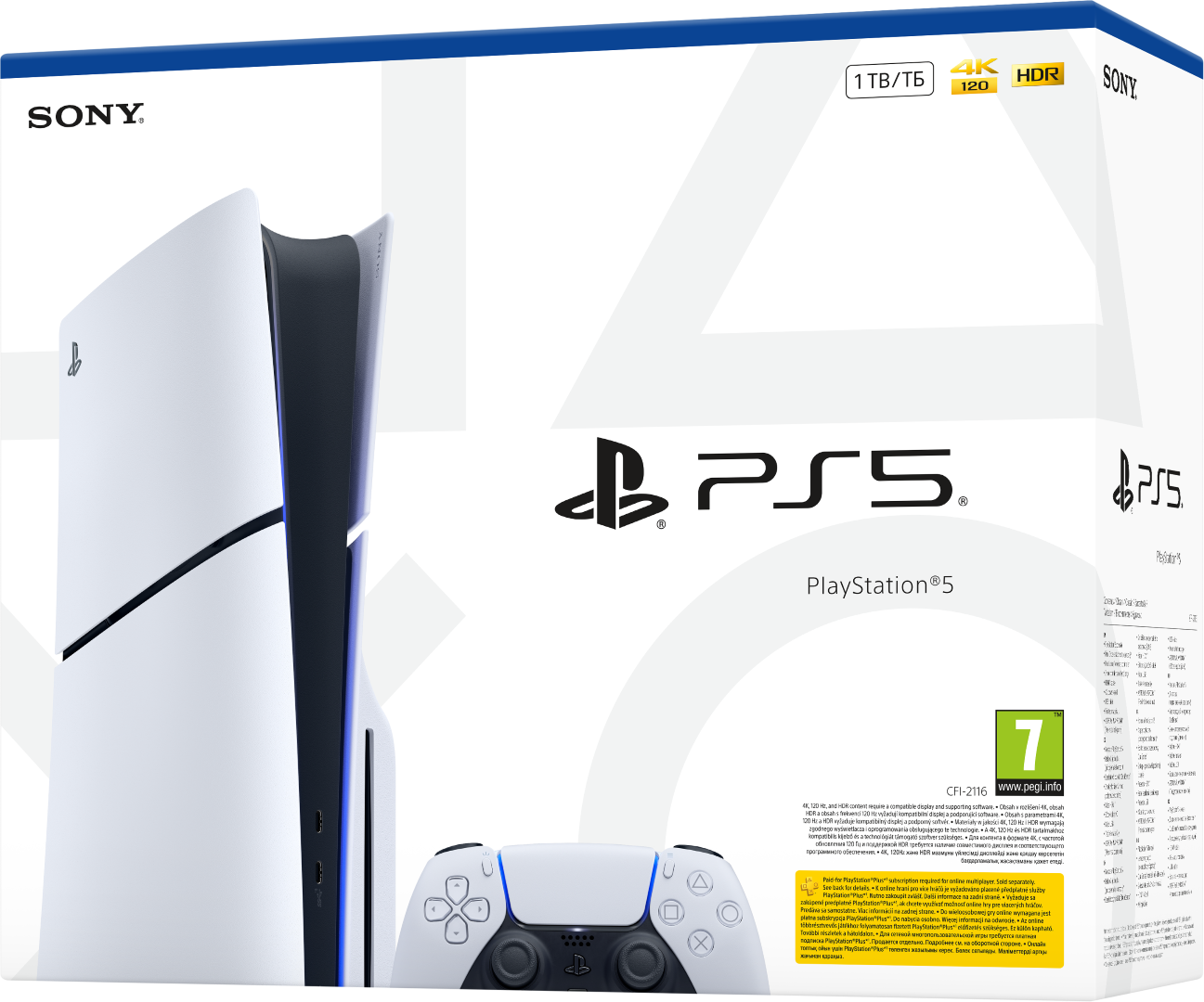 Konsola i kontroler PlayStation 5 na białym pudełku z logami SONY i PS5.