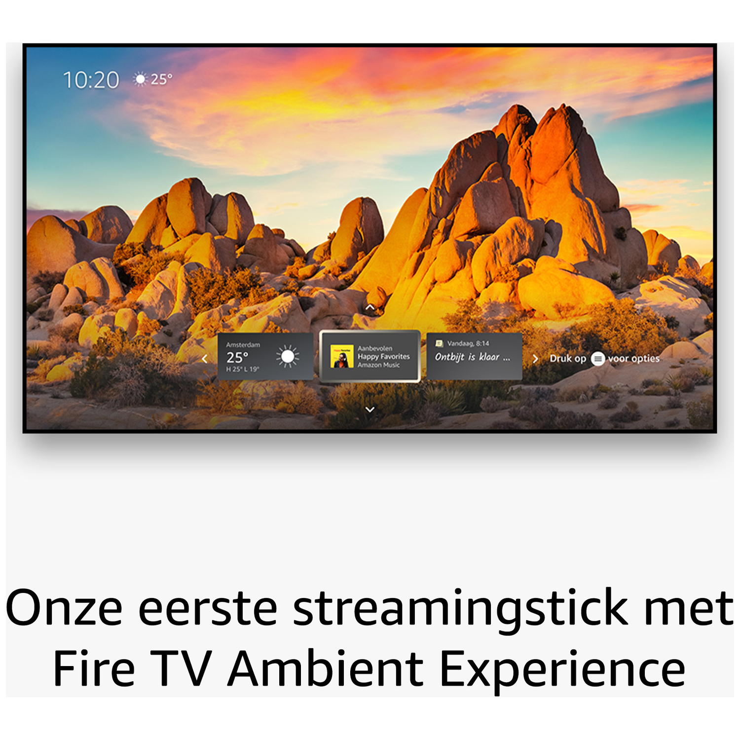 A TV screen shows a desert landscape with rocks and sunset. Time and weather visible.