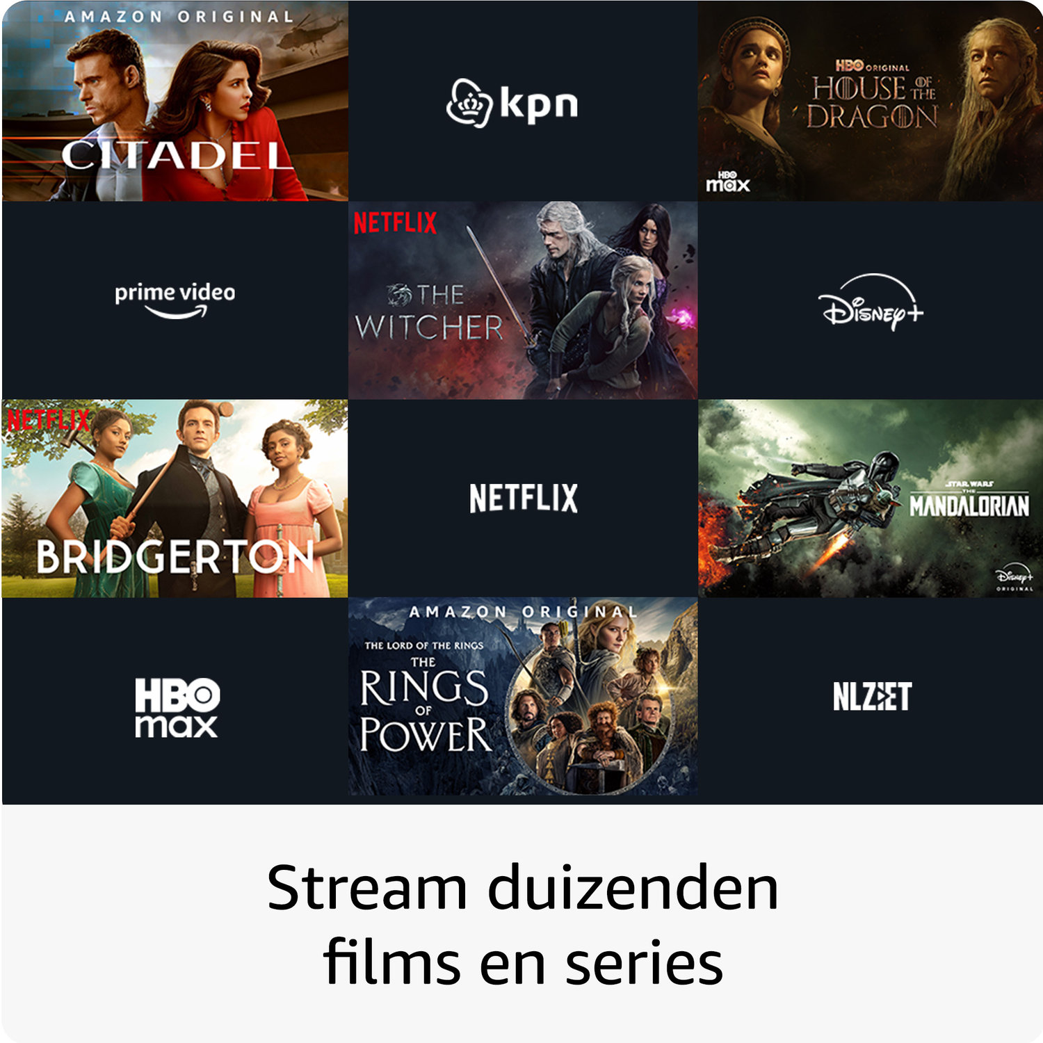 Collage of streaming services: Citadel, KPN, House of the Dragon, Prime Video, The Witcher, Disney+.