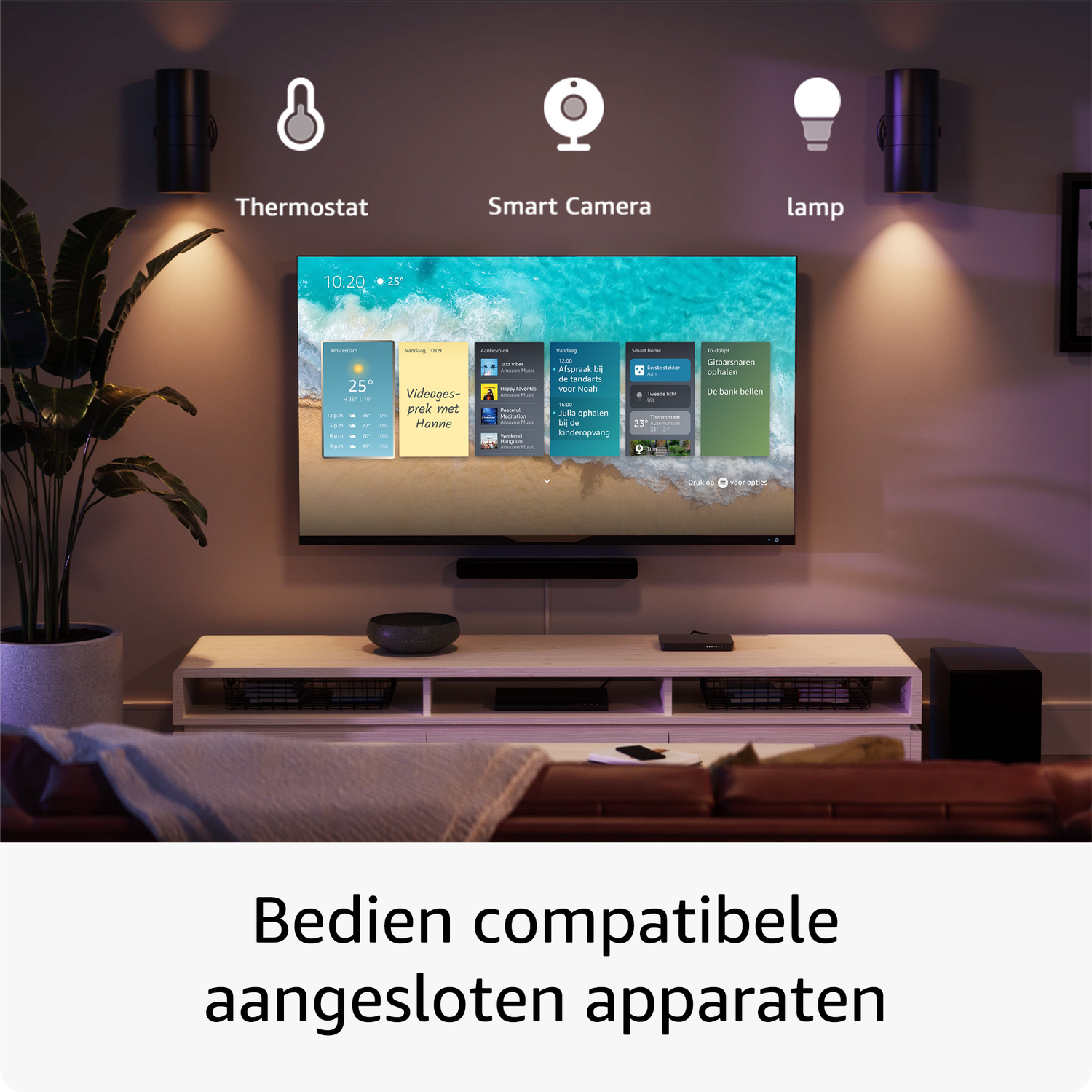 A smart home screen displays weather, calendar, and music. Thermostat, camera, and lamp icons are above.