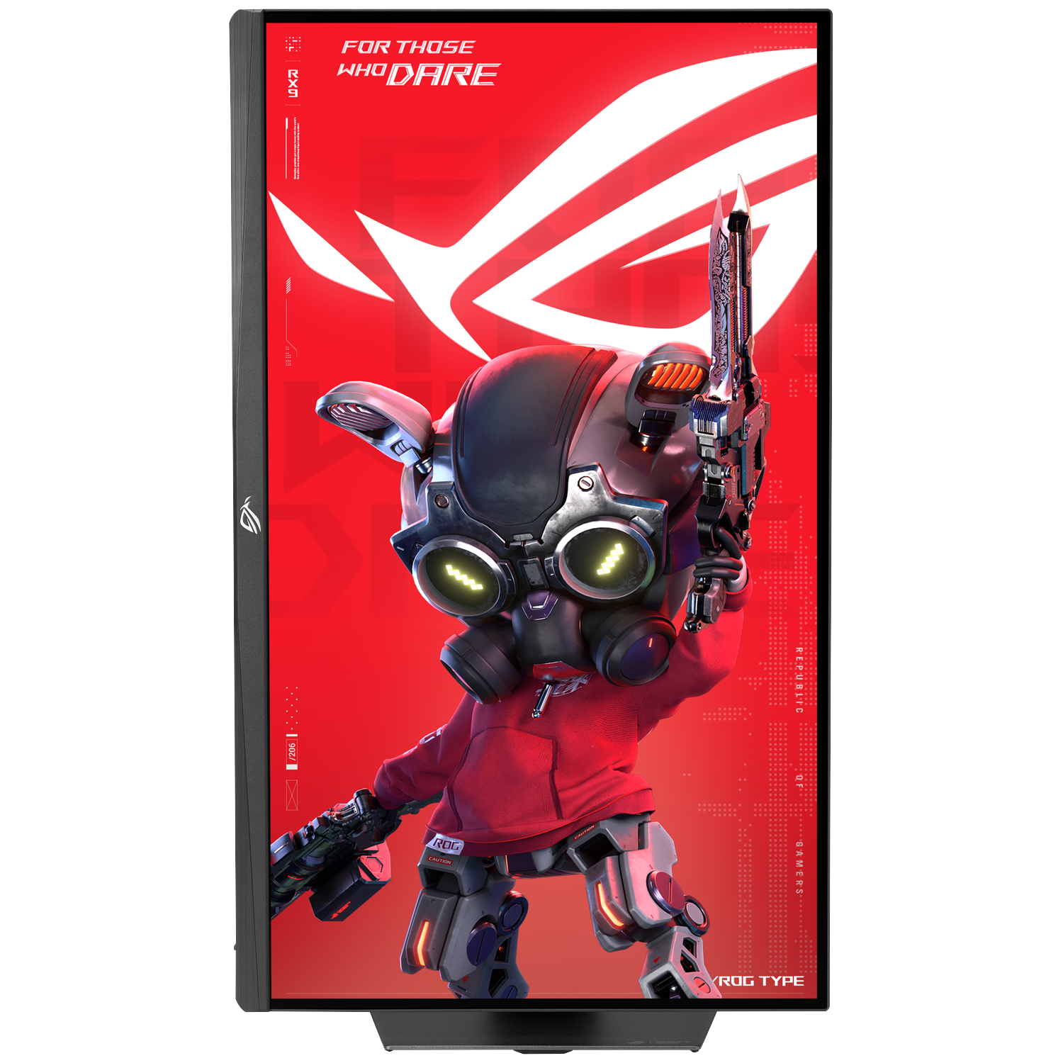 A cyborg character with a gas mask and red hoodie holds weapons. ROG logo in the background.