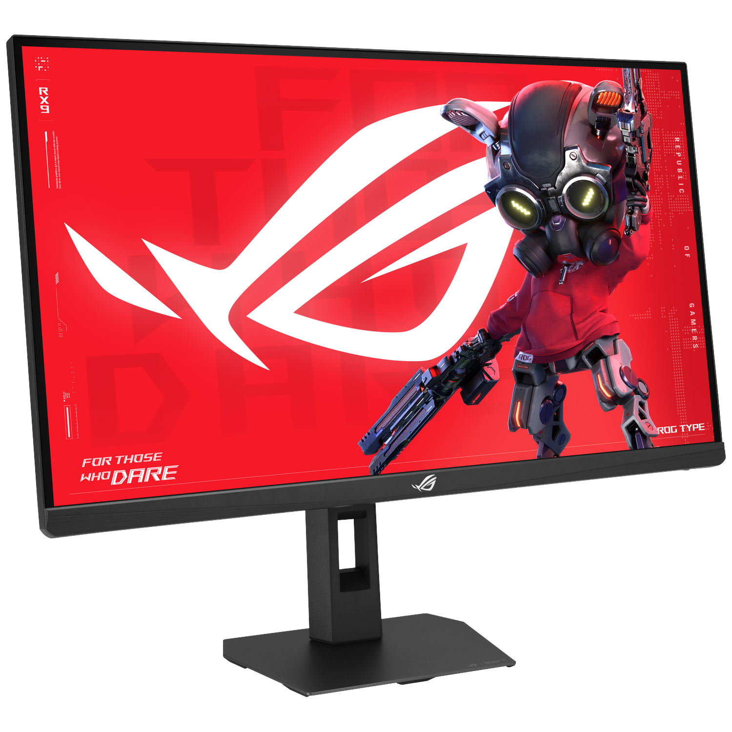 A gaming monitor displaying a red background with a robot character.