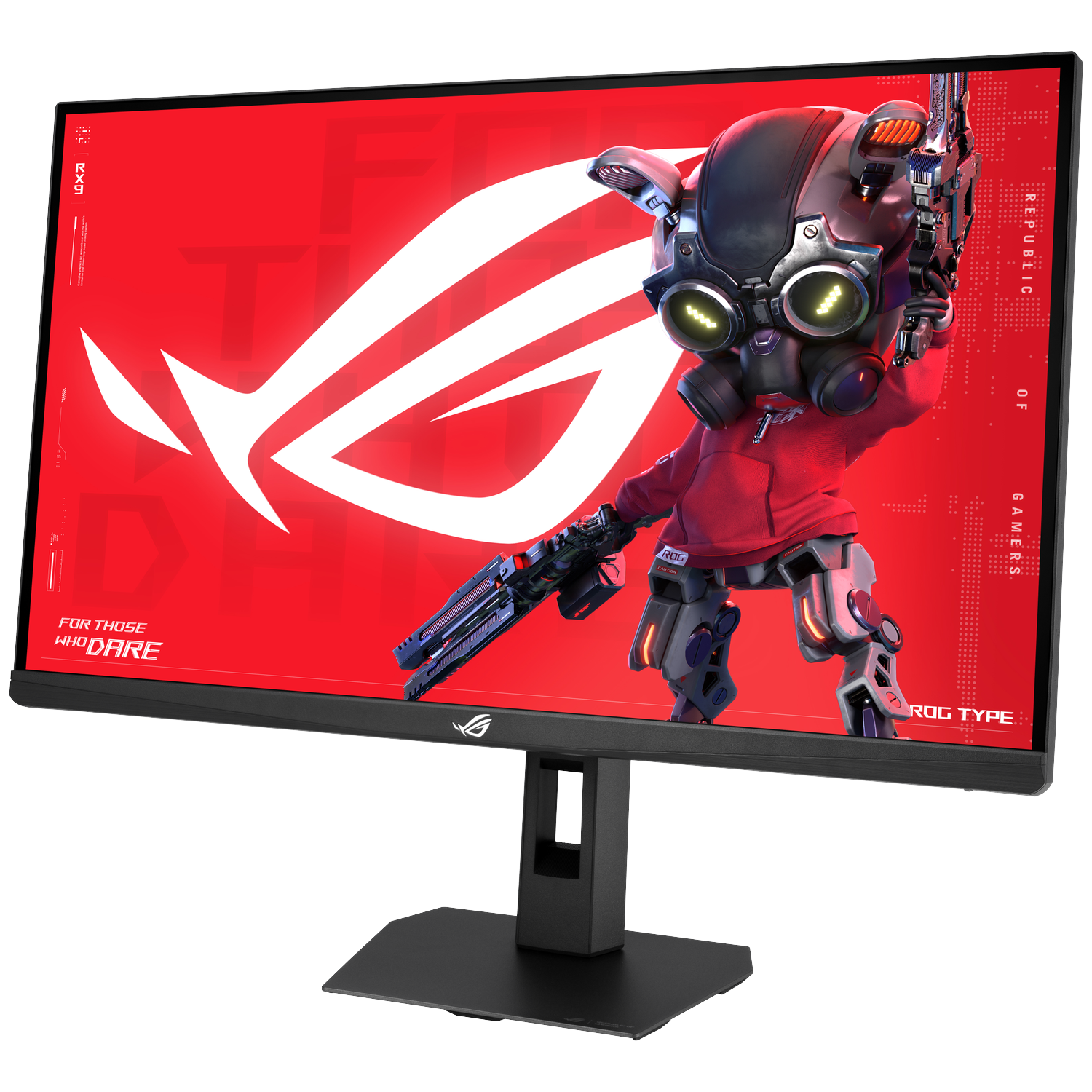 A robot character with a gas mask holds a gun against a red background with the ROG logo.