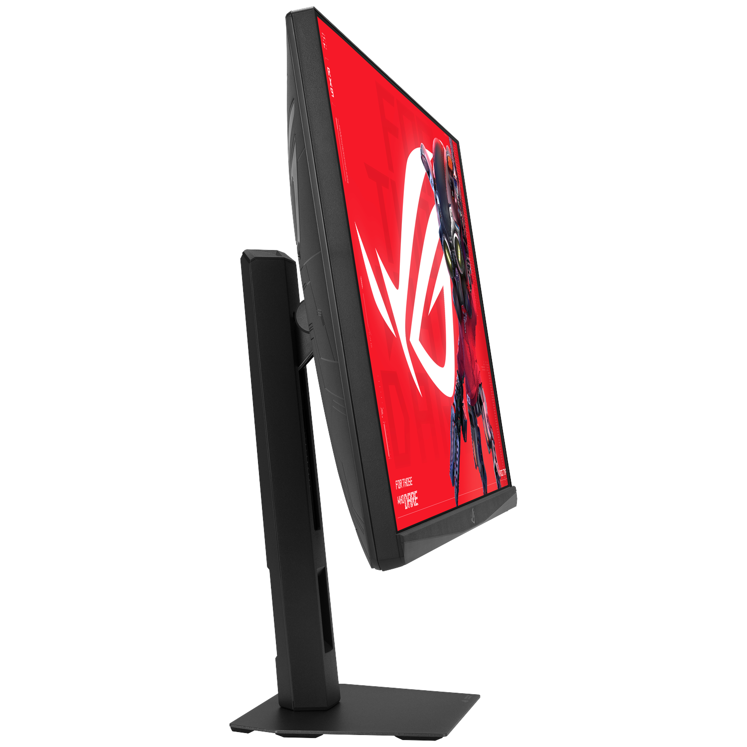 Black gaming monitor with red background and robot image.