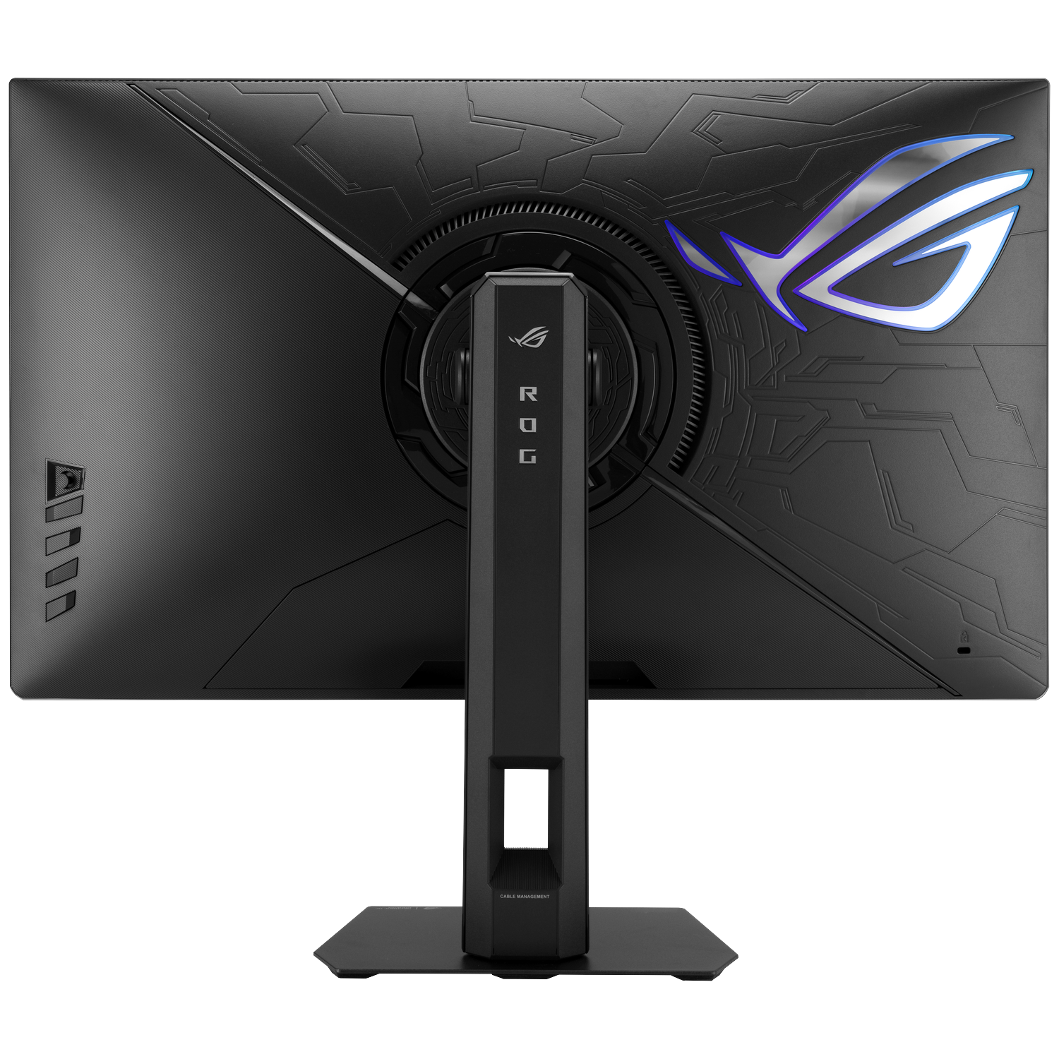 Back of a black monitor featuring the ROG logo with blue illuminated accents.