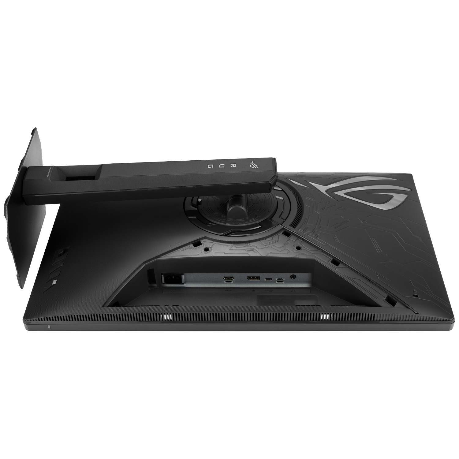 Back of a black monitor with ports and ROG logo.