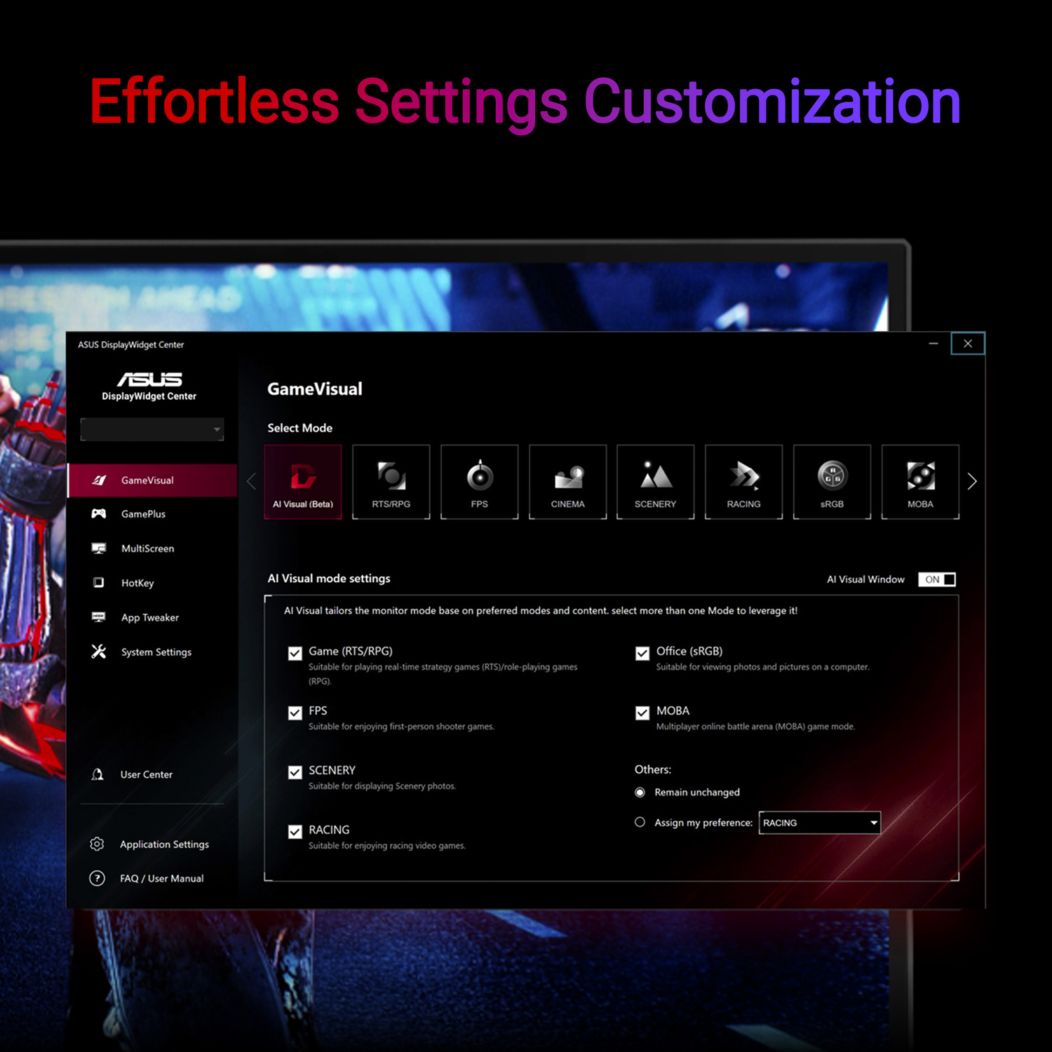 ASUS GameVisual Software: Modes like RTS/RPG, FPS, Cinema, Scenery, Racing, sRGB, MOBA.