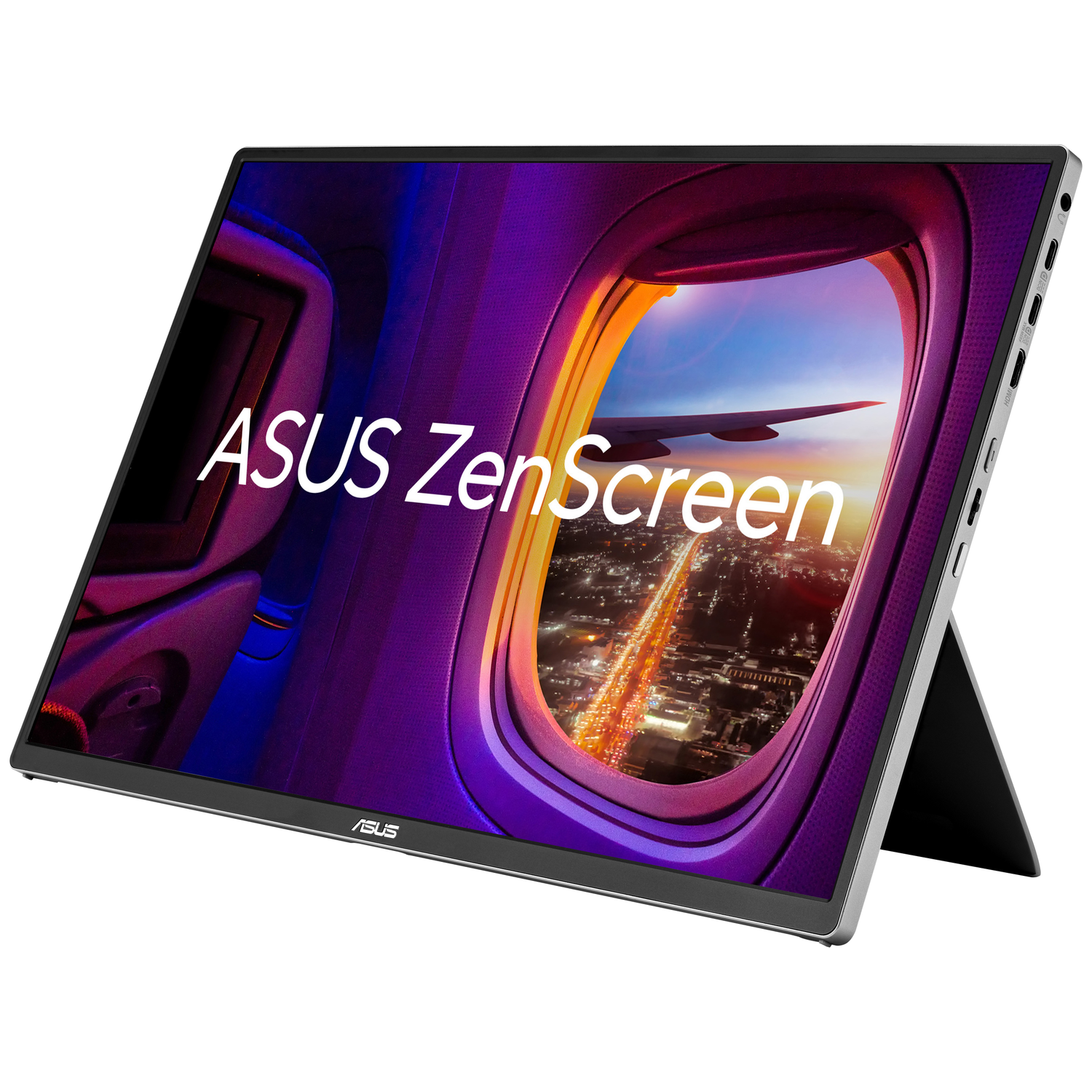 An Asus ZenScreen laptop displays an airplane window background.