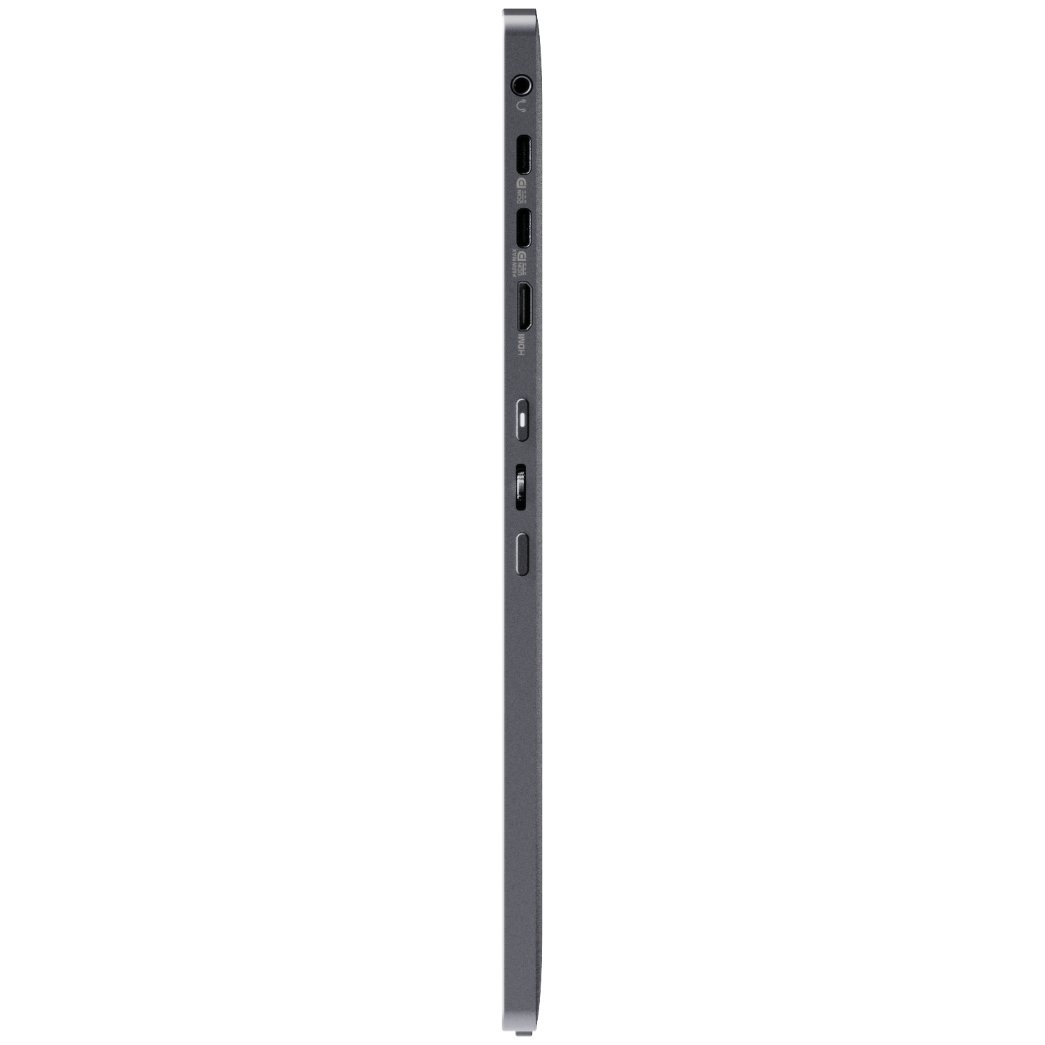 Gray tablet with ports: headphone, USB-C, HDMI, SD card.