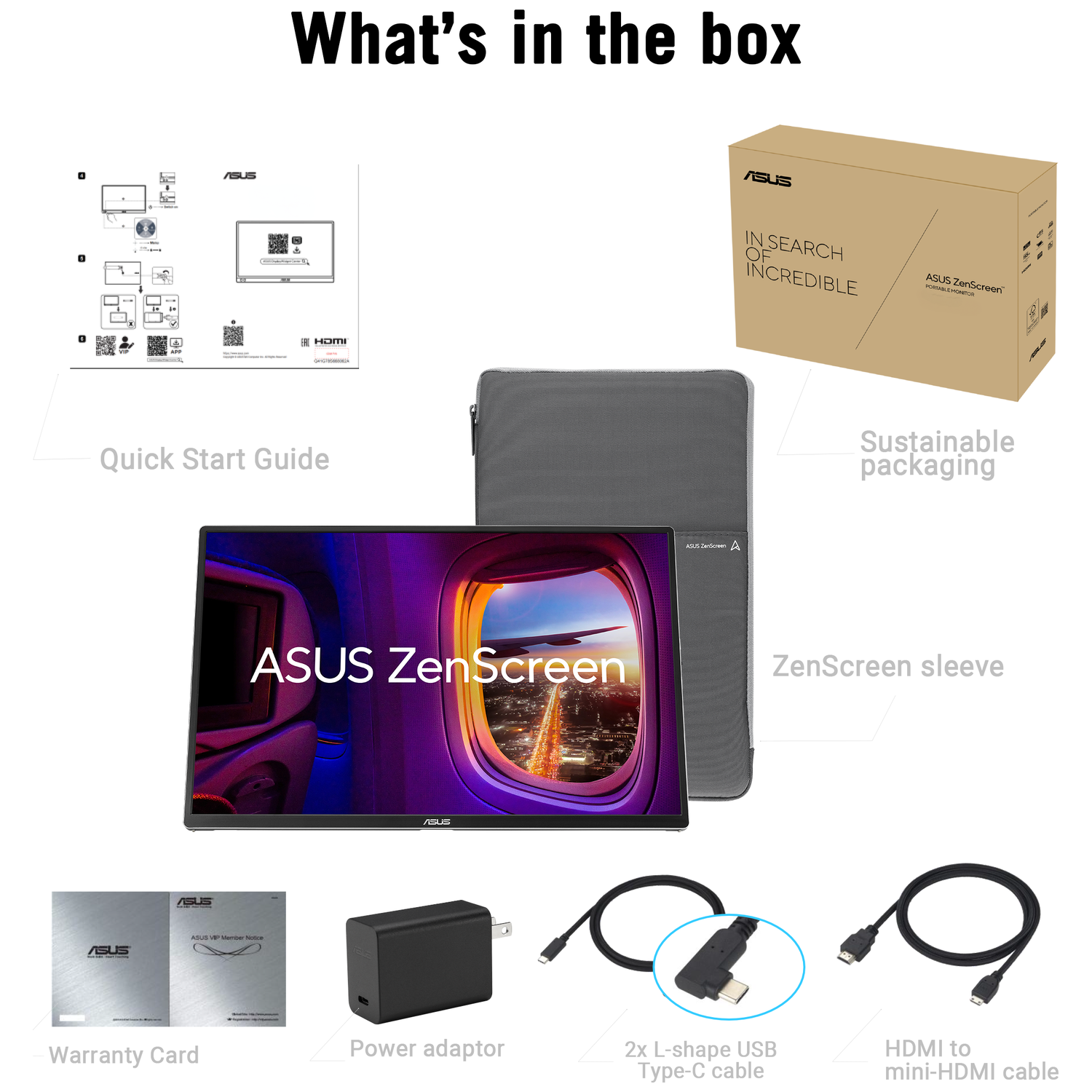 Box contents: monitor, cables, power adapter, sleeve, and guide.