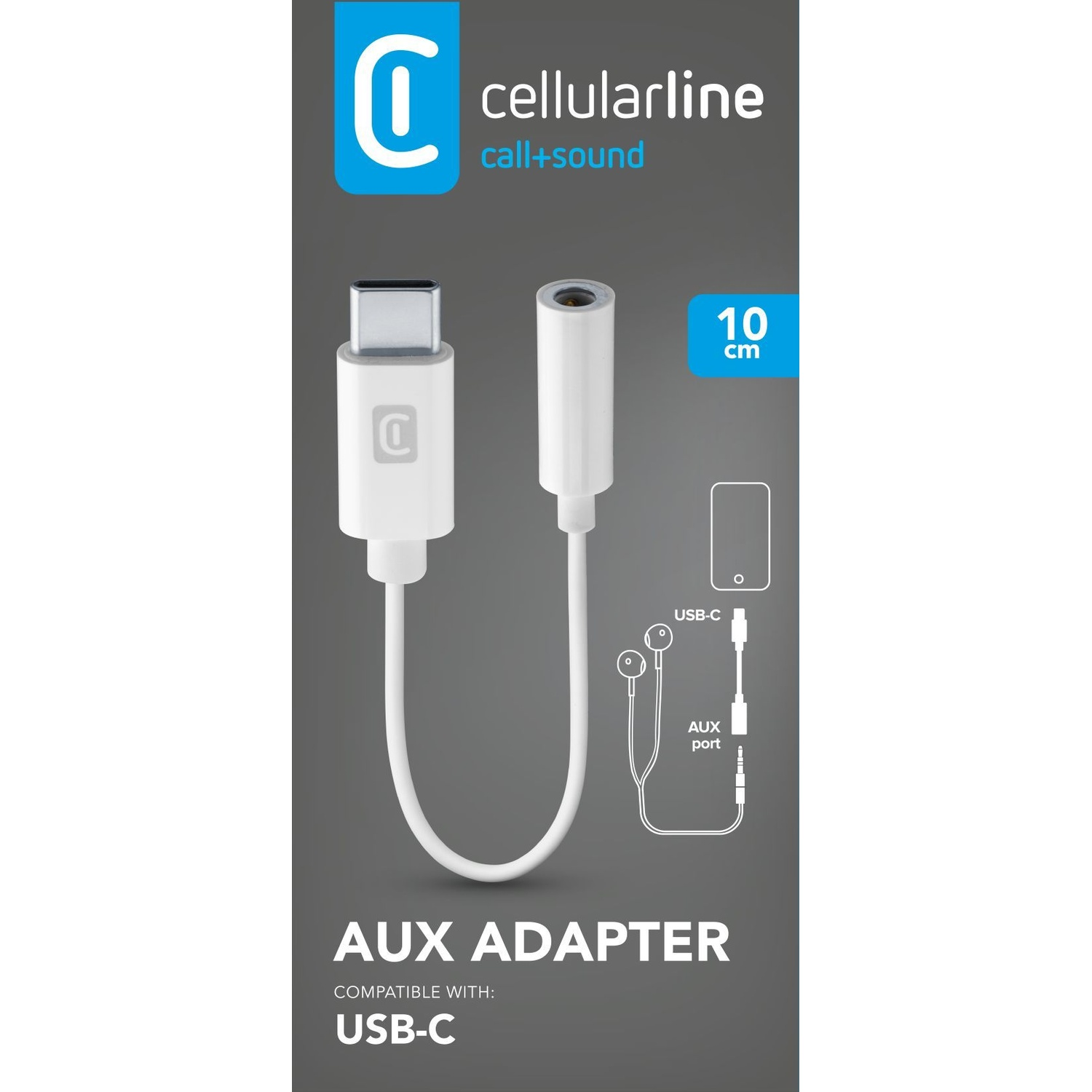 Adattatore USB-C a AUX bianco Cellularline con cavo da 10cm e icona.