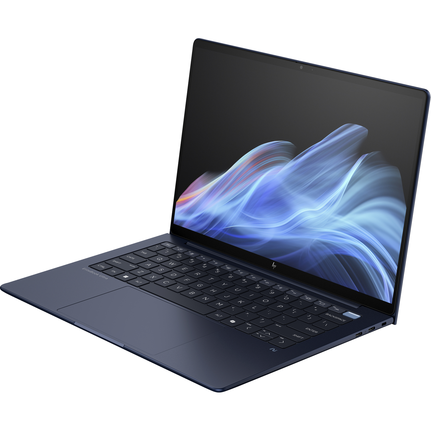 Een open donkerblauwe laptop met een abstracte blauwe achtergrond op het scherm.