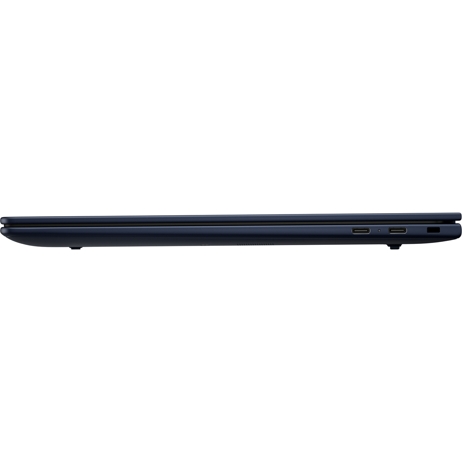 Gesloten donkerblauwe laptop in profiel met zichtbare USB-C poorten.